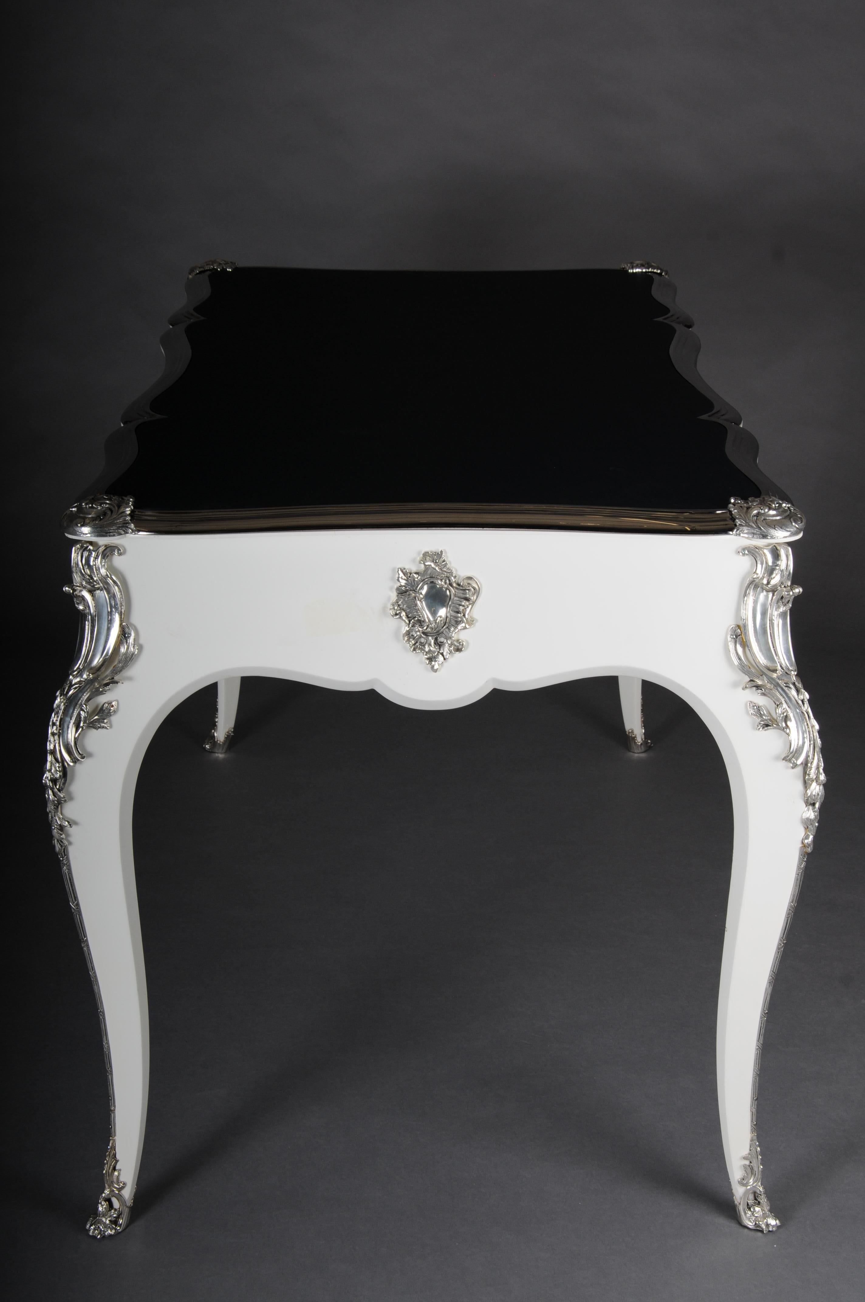 Designer-Schreibtisch/Bureau-Teller im Louis-XV-Stil, hochglänzend Weiß und Silber im Angebot 11