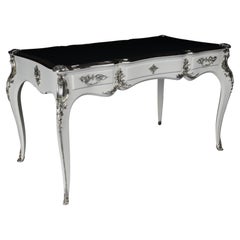 Designer Writing Desk/Bureau Plat in Louis XV Style, high gloss white and silver