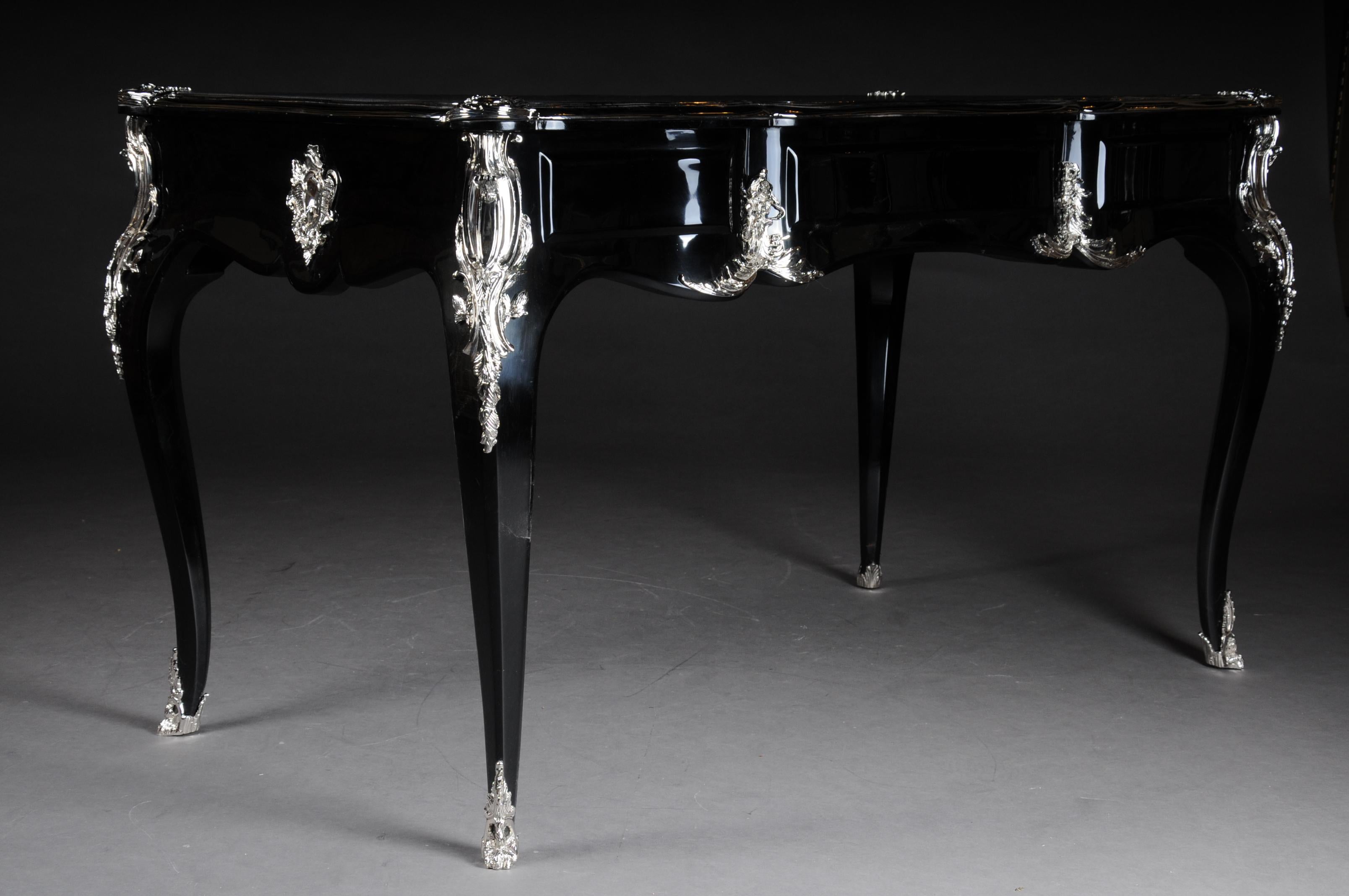 Wood Designer Writing Desk / Bureau Plat in Louis XV Style, Piano Black For Sale