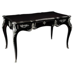 Designer writing desk / bureau plat in Louis XV style Piano Black with silver