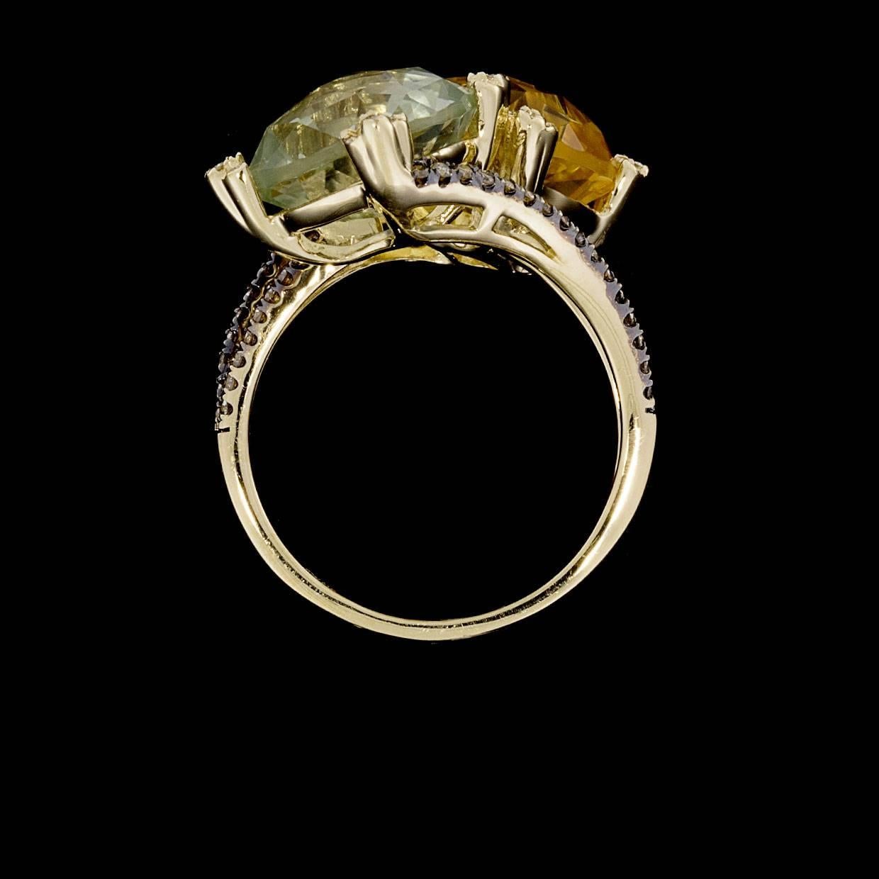 Designer Yellow Gold Royal Citrine Green Amethyst and Diamond Cocktail Ring In Excellent Condition In Columbia, MO