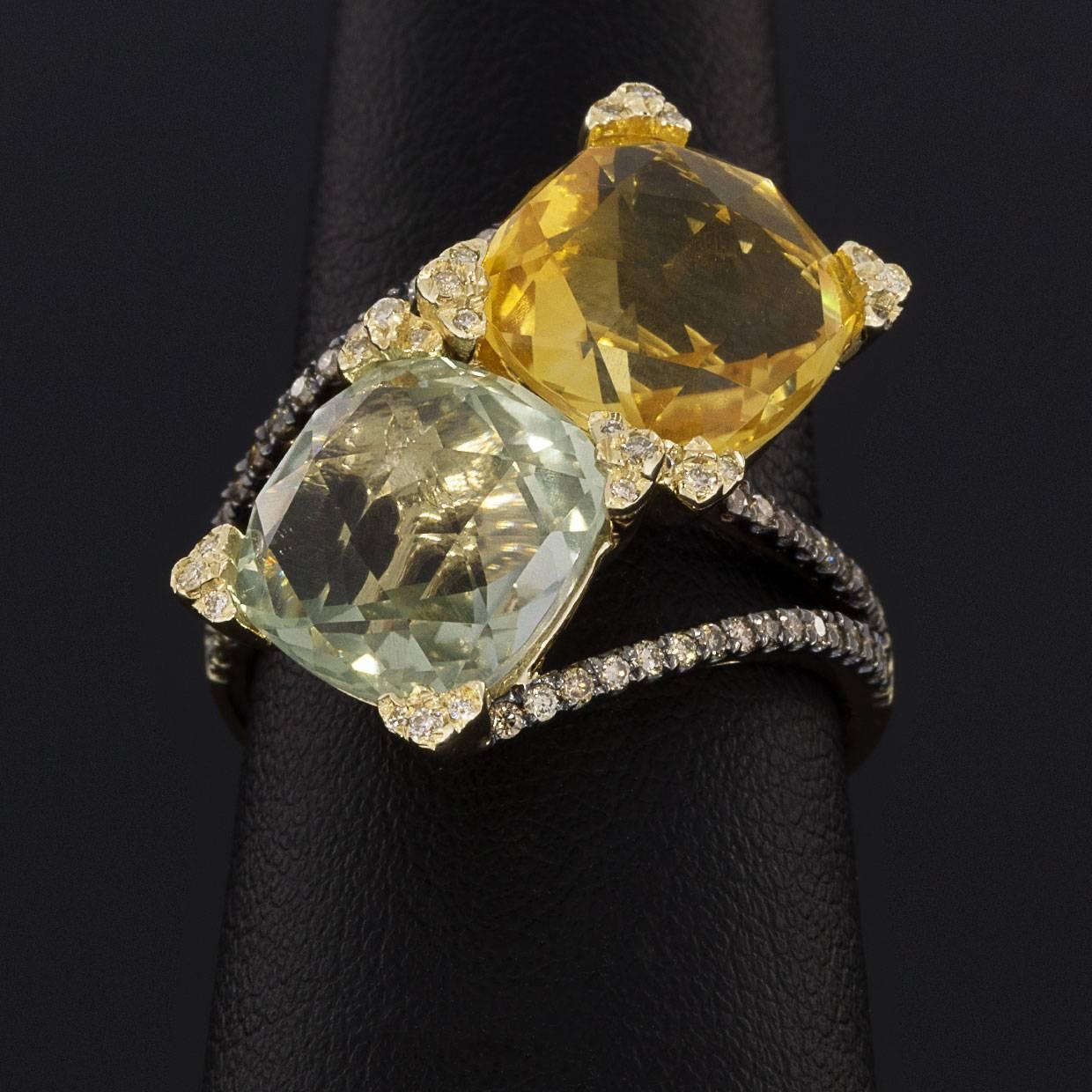 Women's Designer Yellow Gold Royal Citrine Green Amethyst and Diamond Cocktail Ring