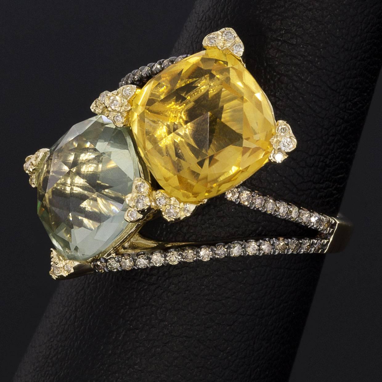 Designer Yellow Gold Royal Citrine Green Amethyst and Diamond Cocktail Ring 1