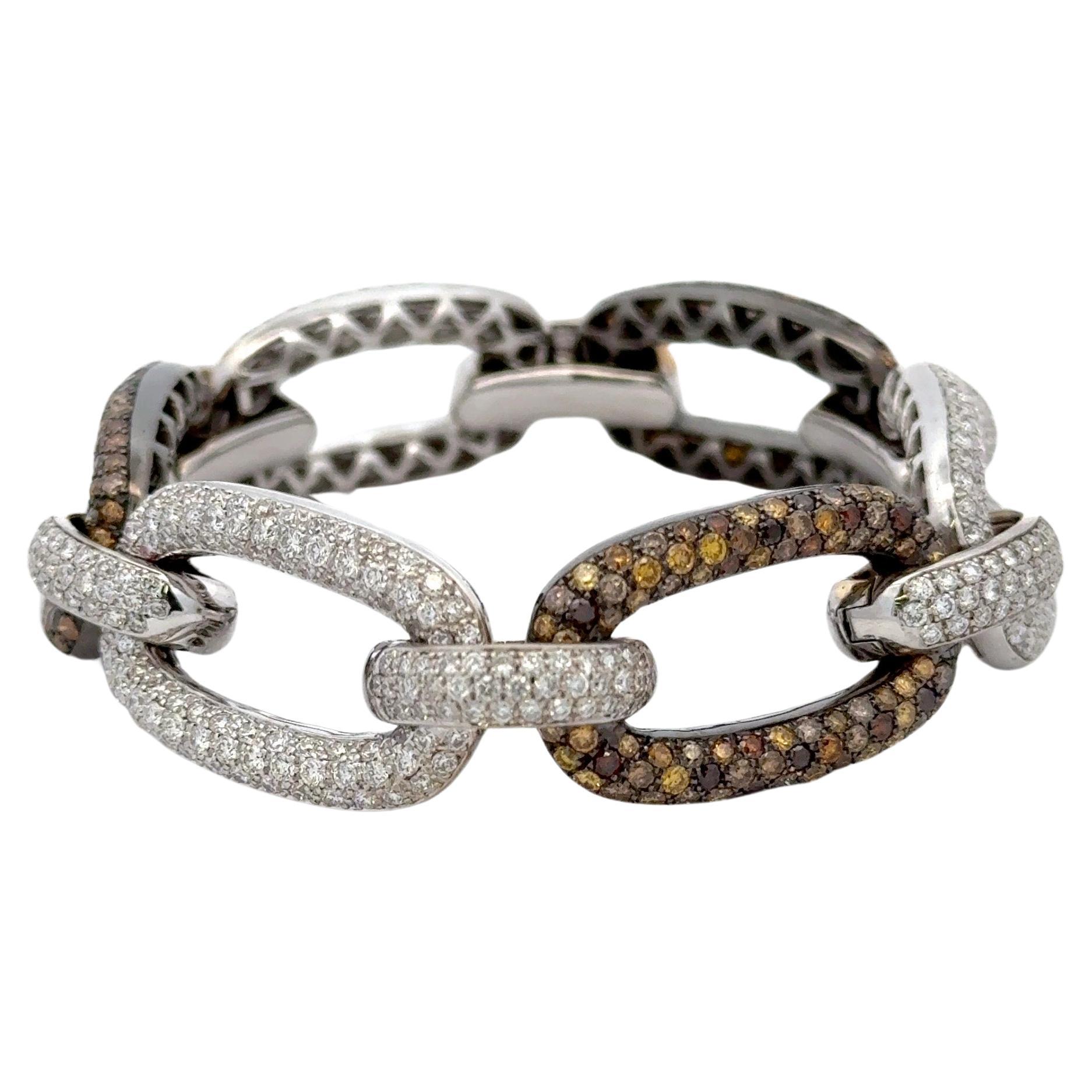 Round Cut Designer Yeprem Diamond Champagne Link Bracelet 27.93 Carats 18 Karat White Gold For Sale