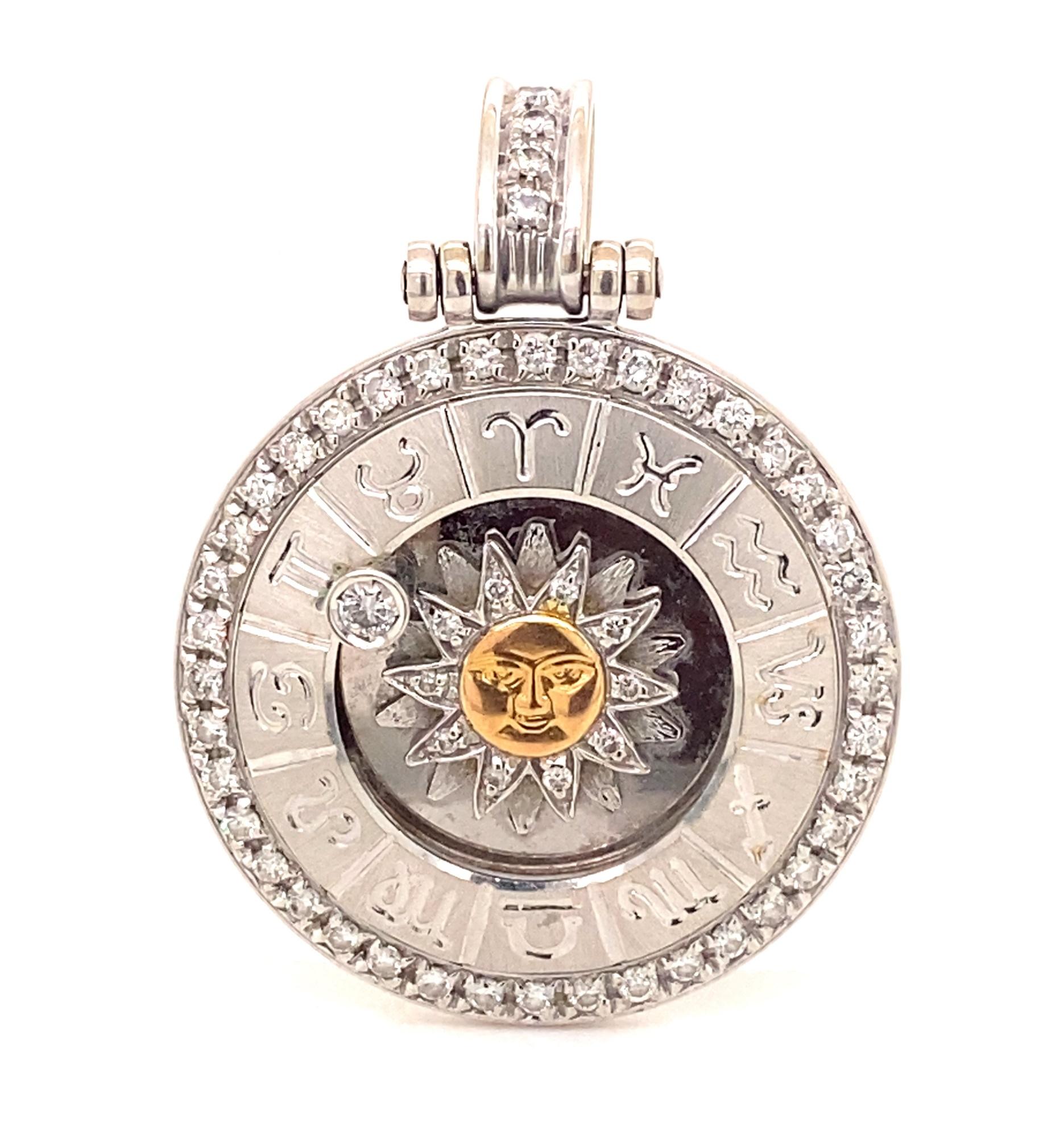 Brilliant Cut Designer Zodiac Sun Pendant Moveable Diamonds 18K White Yellow Gold For Sale