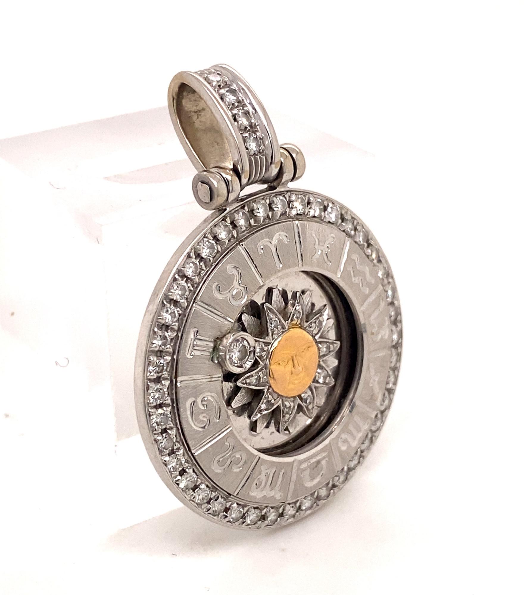 Women's Designer Zodiac Sun Pendant Moveable Diamonds 18K White Yellow Gold For Sale