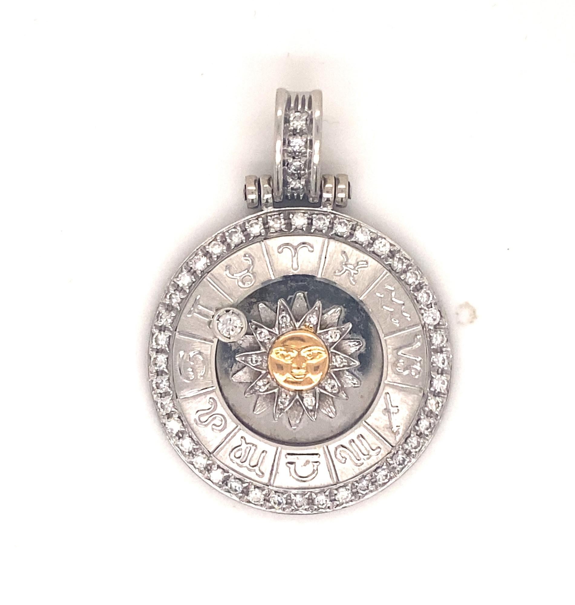 Designer Zodiac Sun Pendant Moveable Diamonds 18K White Yellow Gold For Sale 1