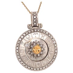 Designer Zodiac Sun Pendant Moveable Diamonds 18K White Yellow Gold