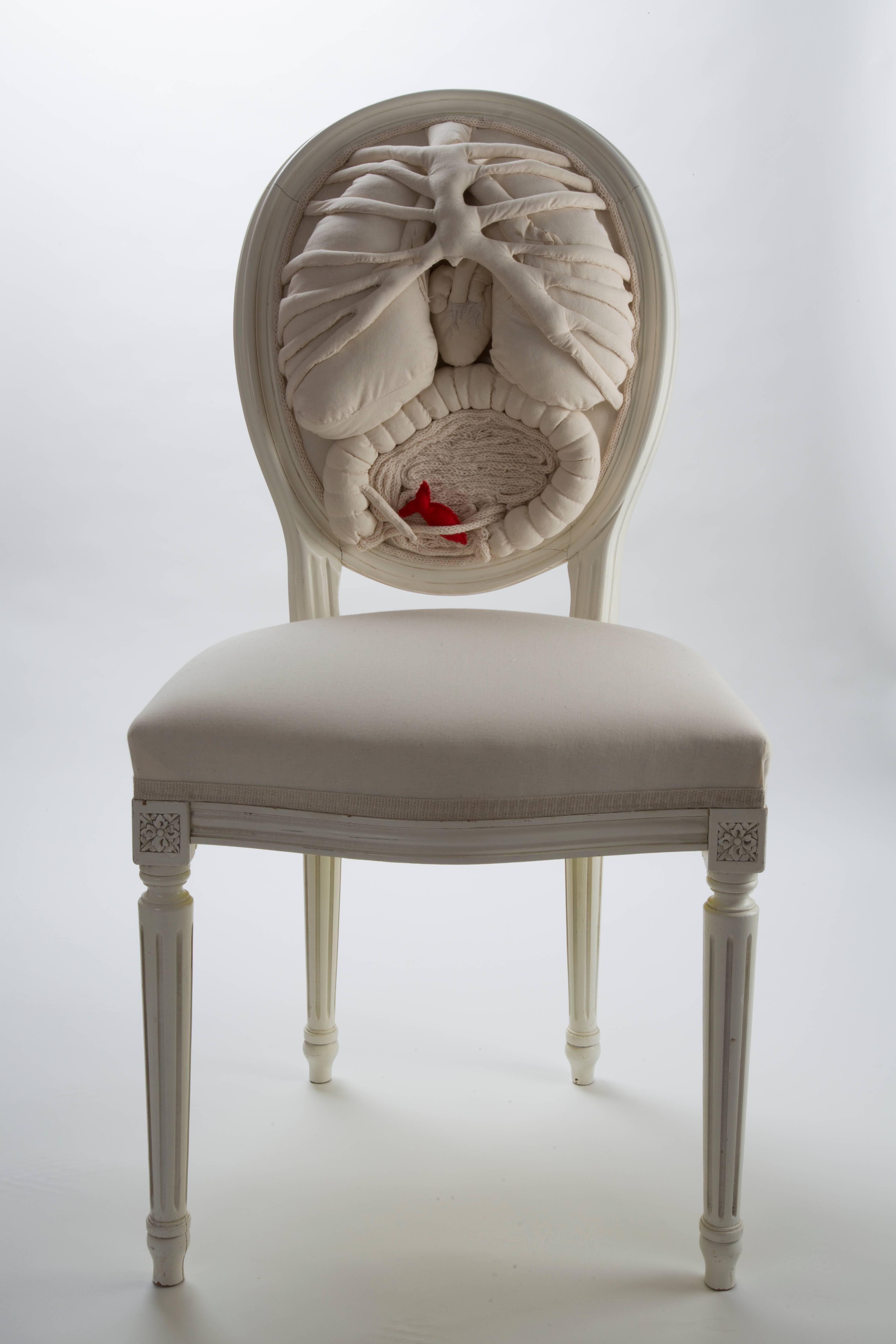 Incredible one of a kind white chair anatomia
by French artist.
Handmade embroidered in a white Louis XVI style chair in beechwood.
These art pieces have plenty of poetry, hidden messages and creativity. 

Dimensions:

Height 96 cm
Width 50