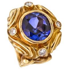 Vintage Designer's Cocktail Ring in 18Kt Yellow Gold with 8.72 Cts Diamonds and Iolite
