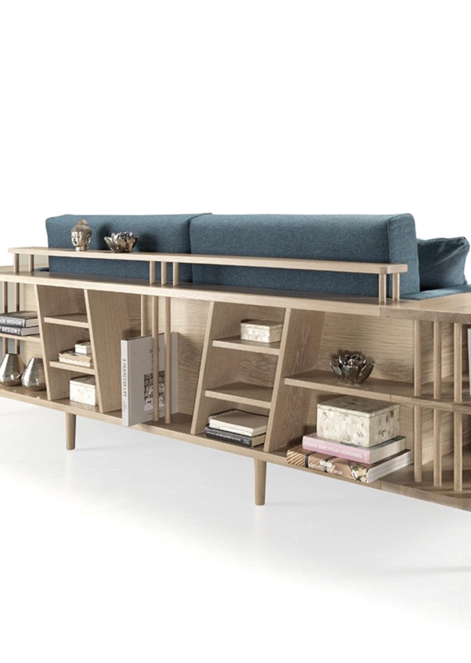 Scandinavian Modern Designer's Leather Sofa Bookshelf Room Divider