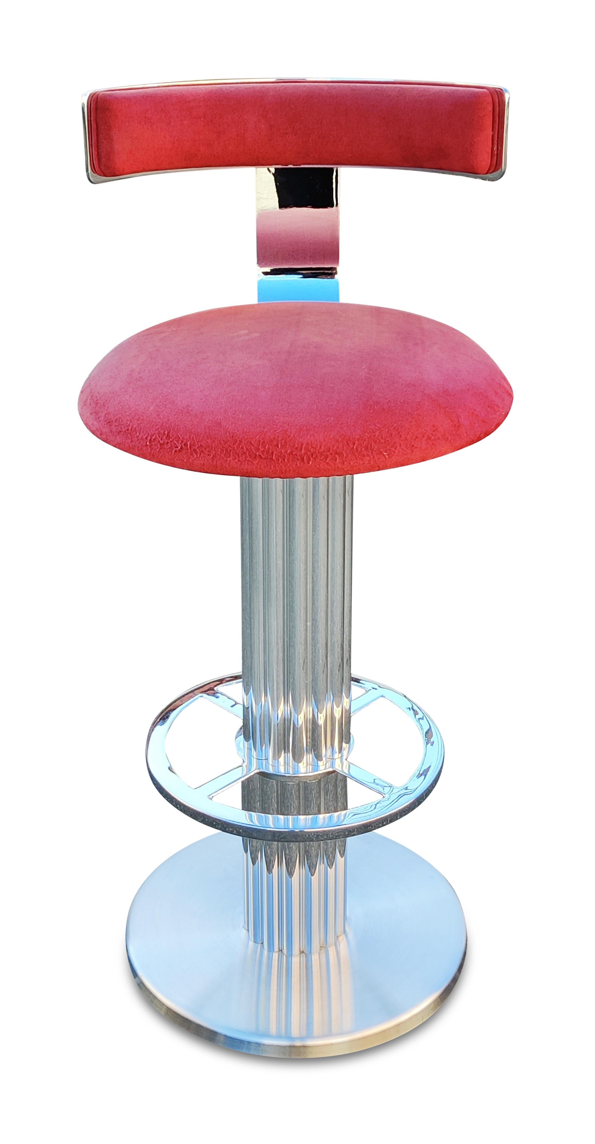 Three Designs for Leisure swivel bar stools in bright and brushed metalwork, USA, 1980s. 3 nickel-plated steel and aluminum by Designs for Leisure of Mt. Kisko New York. The now a defunct company, was a high quality seating resource for the interior