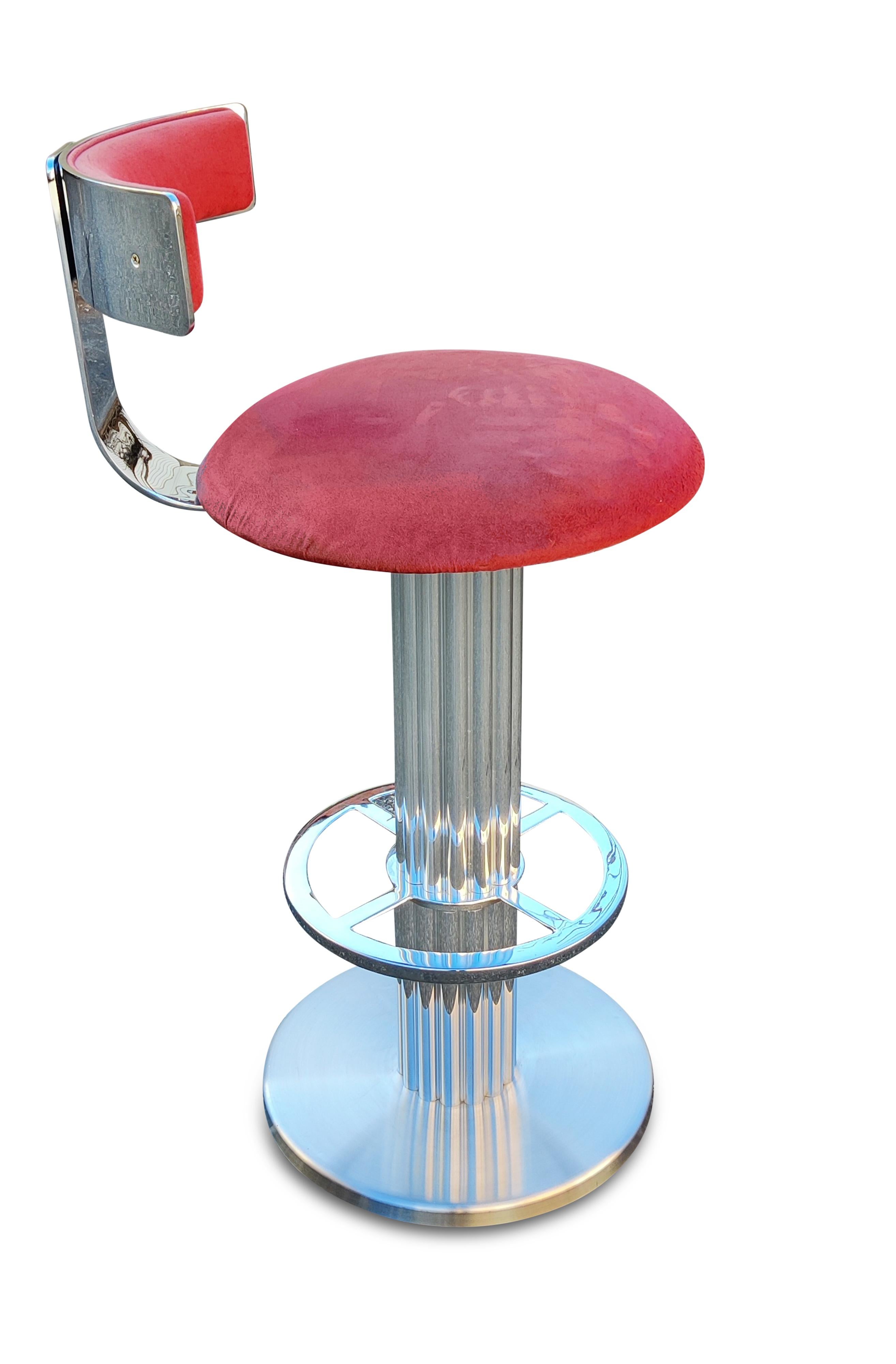 Mid-Century Modern Designs for Leisure, 3 Brushed Stainless Steel Bar Stools 1980s, Set of Three