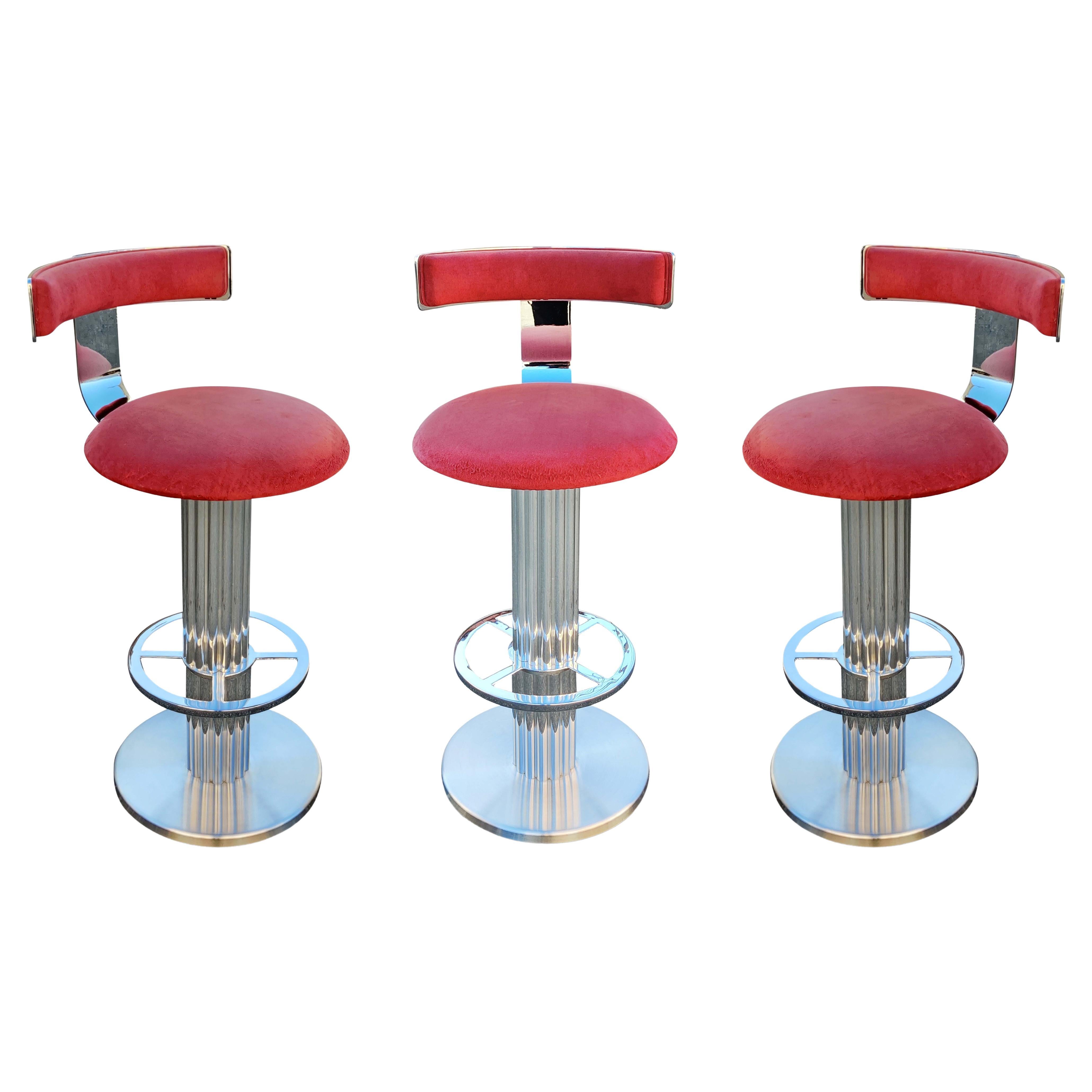 Designs for Leisure, 3 Brushed Stainless Steel Bar Stools 1980s, Set of Three