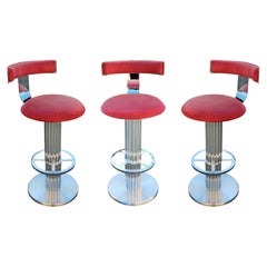 Designs for Leisure, 3 tabourets de bar en acier inoxydable brossé des années 1980, ensemble de trois