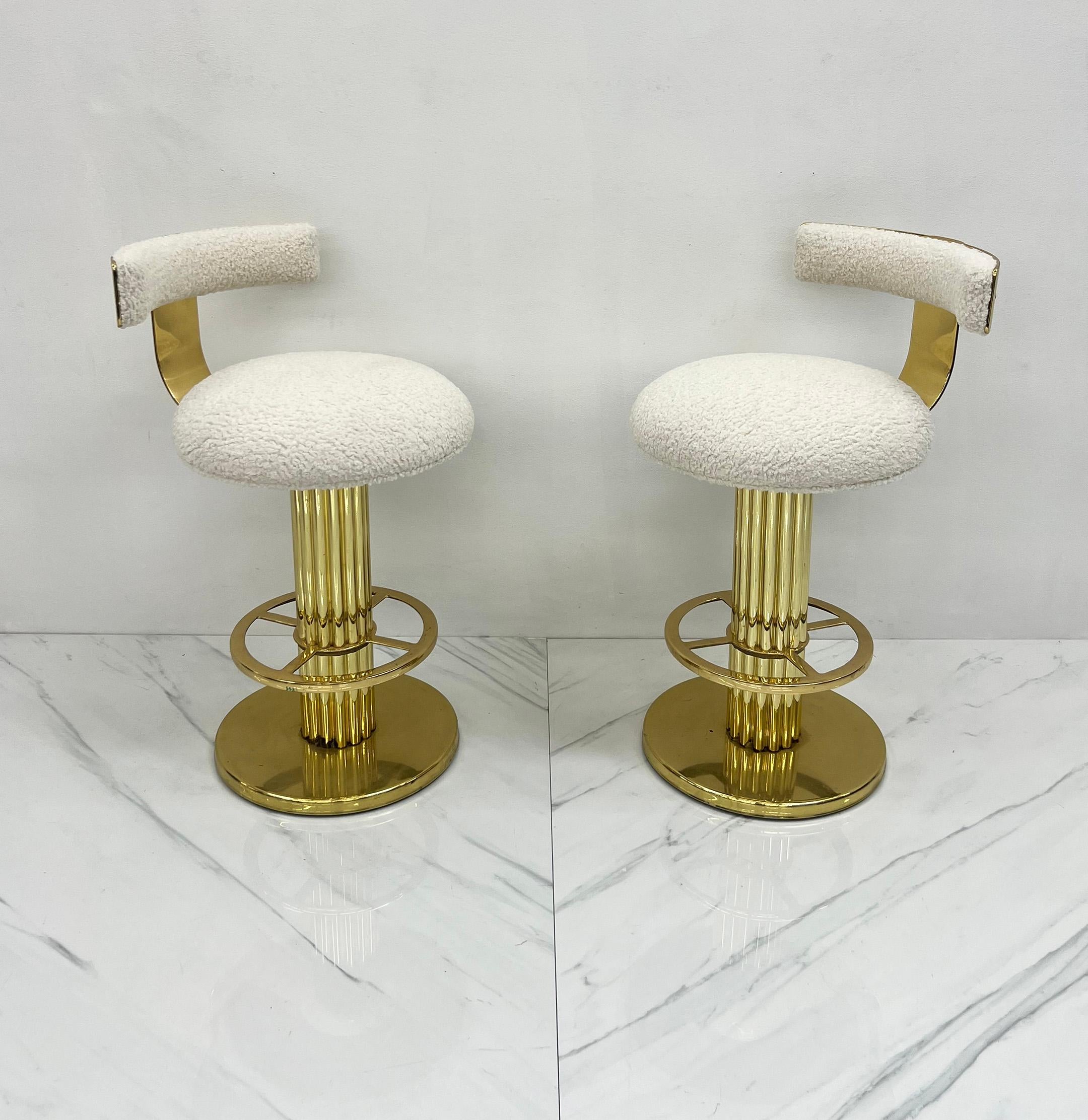 Late 20th Century Designs For Leisure Brass and Boucle Barstools, A Pair For Sale