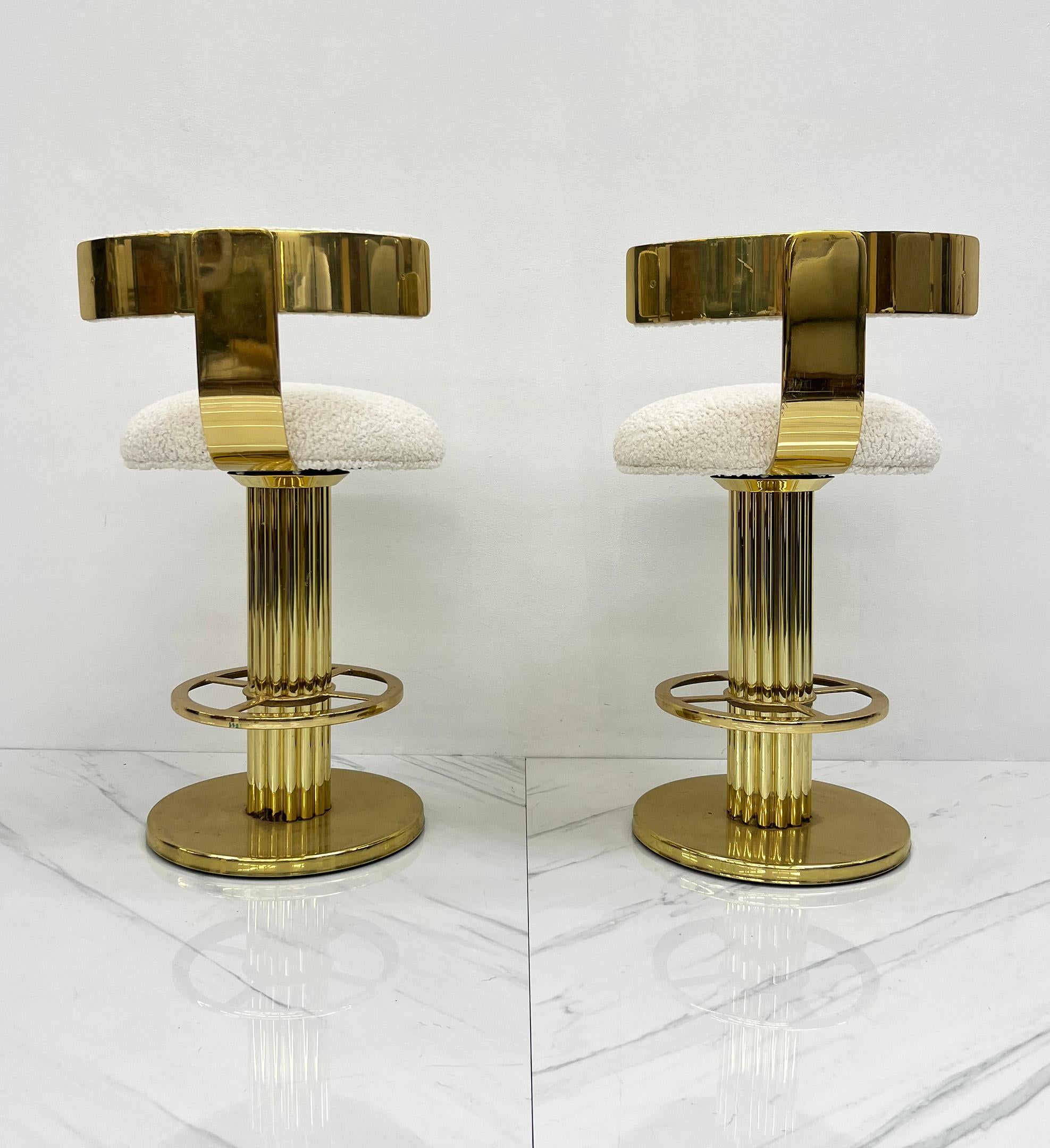 Designs For Leisure Brass and Boucle Barstools, A Pair For Sale 1
