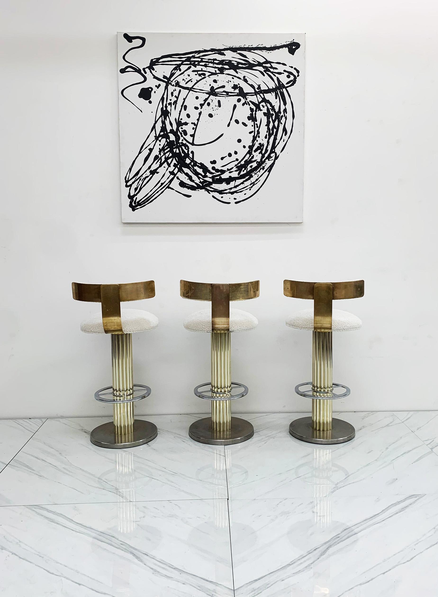 Designs For Leisure Chrome, Brass, and Boucle Barstools In Good Condition In Culver City, CA