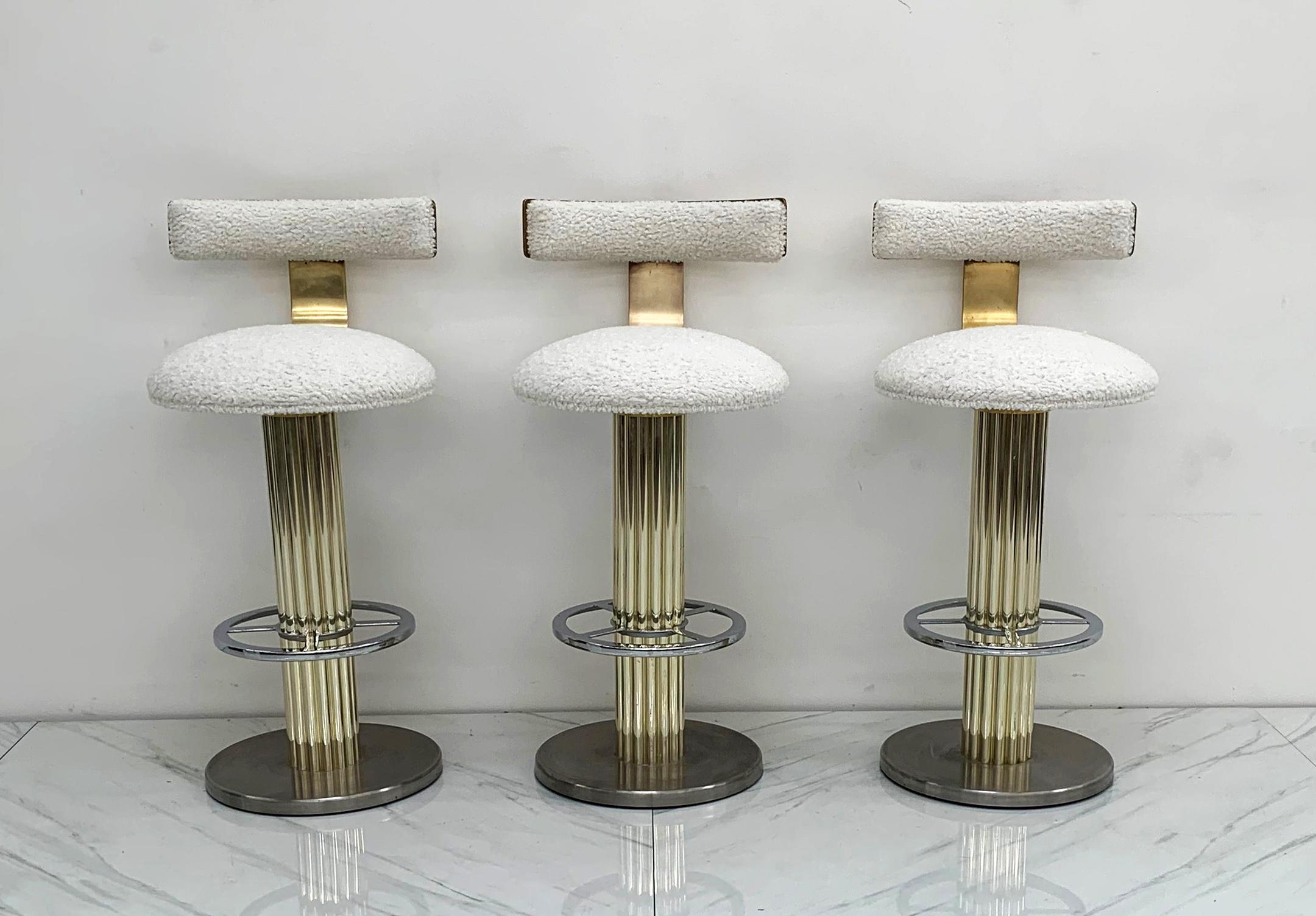Late 20th Century Designs For Leisure Chrome, Brass, and Boucle Barstools