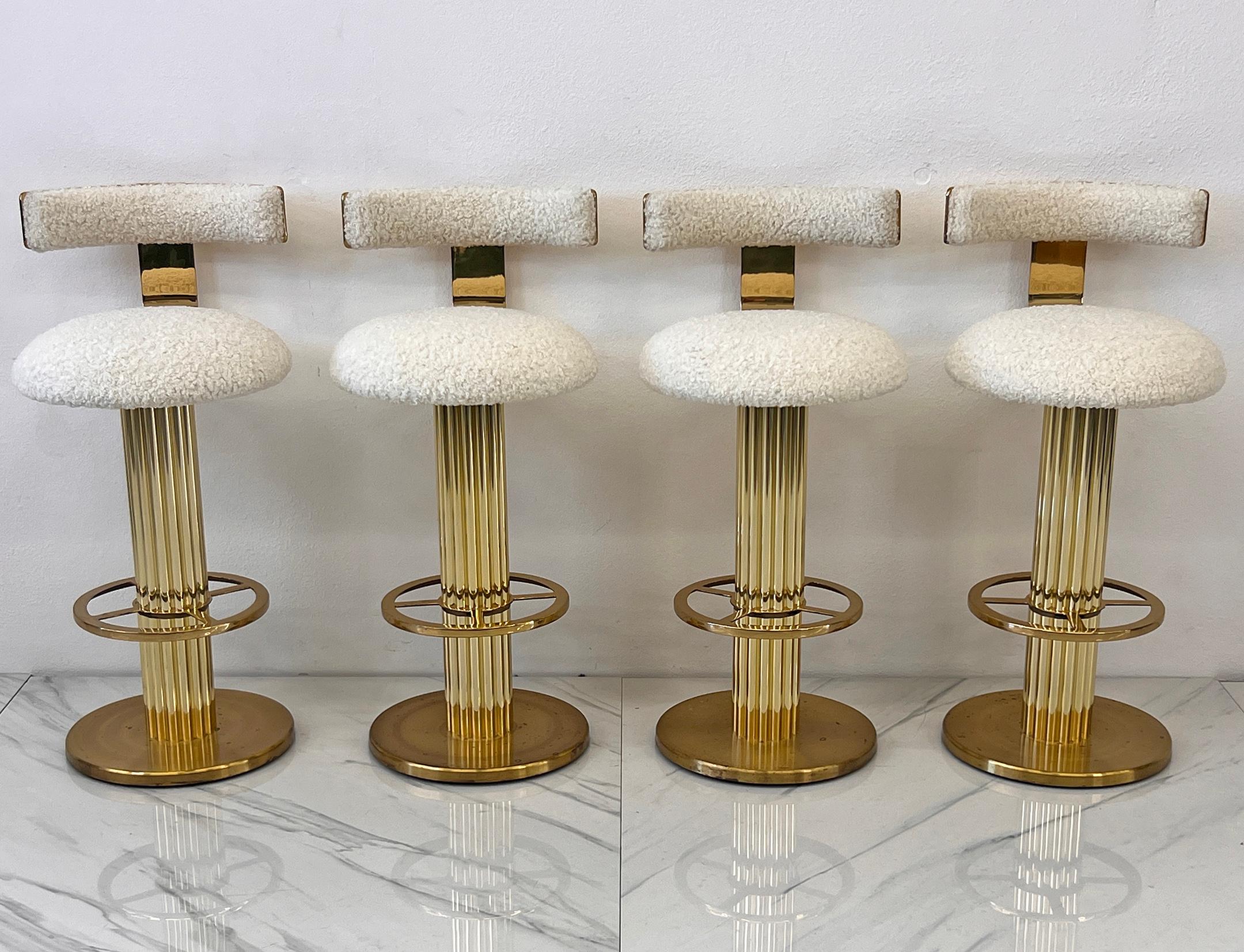 Designs For Leisure set of 4 Brass Barstools, Ivory Boucle, Signed, 1987 For Sale 12