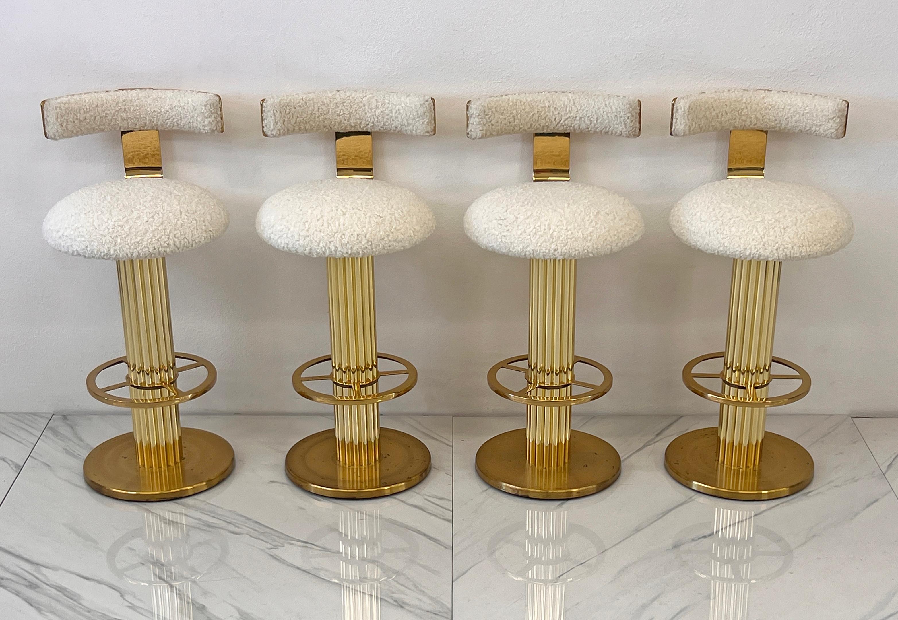 Designs For Leisure set of 4 Brass Barstools, Ivory Boucle, Signed, 1987 For Sale 13