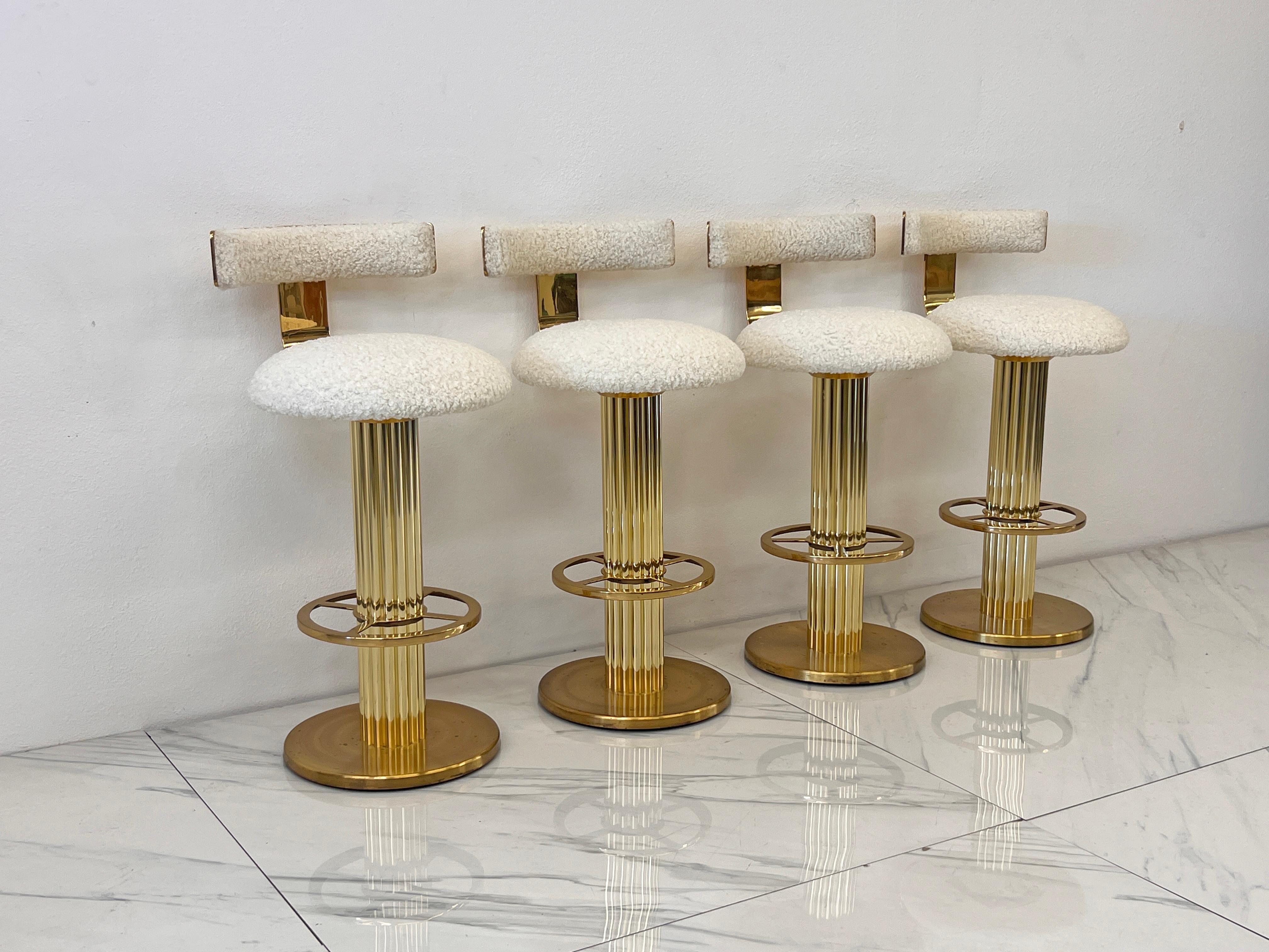 Designs For Leisure set of 4 Brass Barstools, Ivory Boucle, Signed, 1987 For Sale 14
