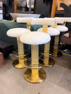 Designs For Leisure set of 4 Brass Barstools, Ivory Boucle, Signed, 1987
