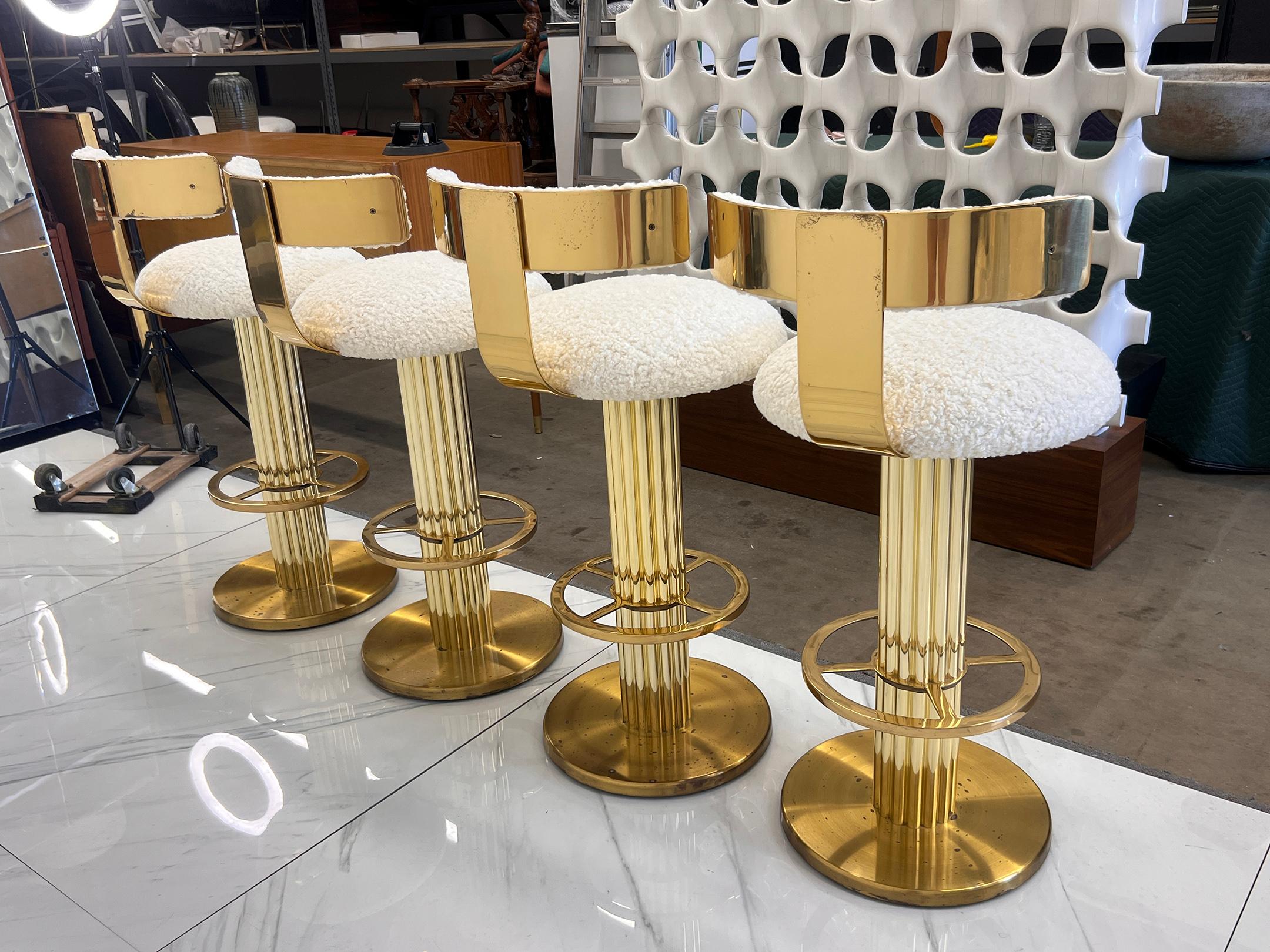 Late 20th Century Designs For Leisure set of 4 Brass Barstools, Ivory Boucle, Signed, 1987 For Sale