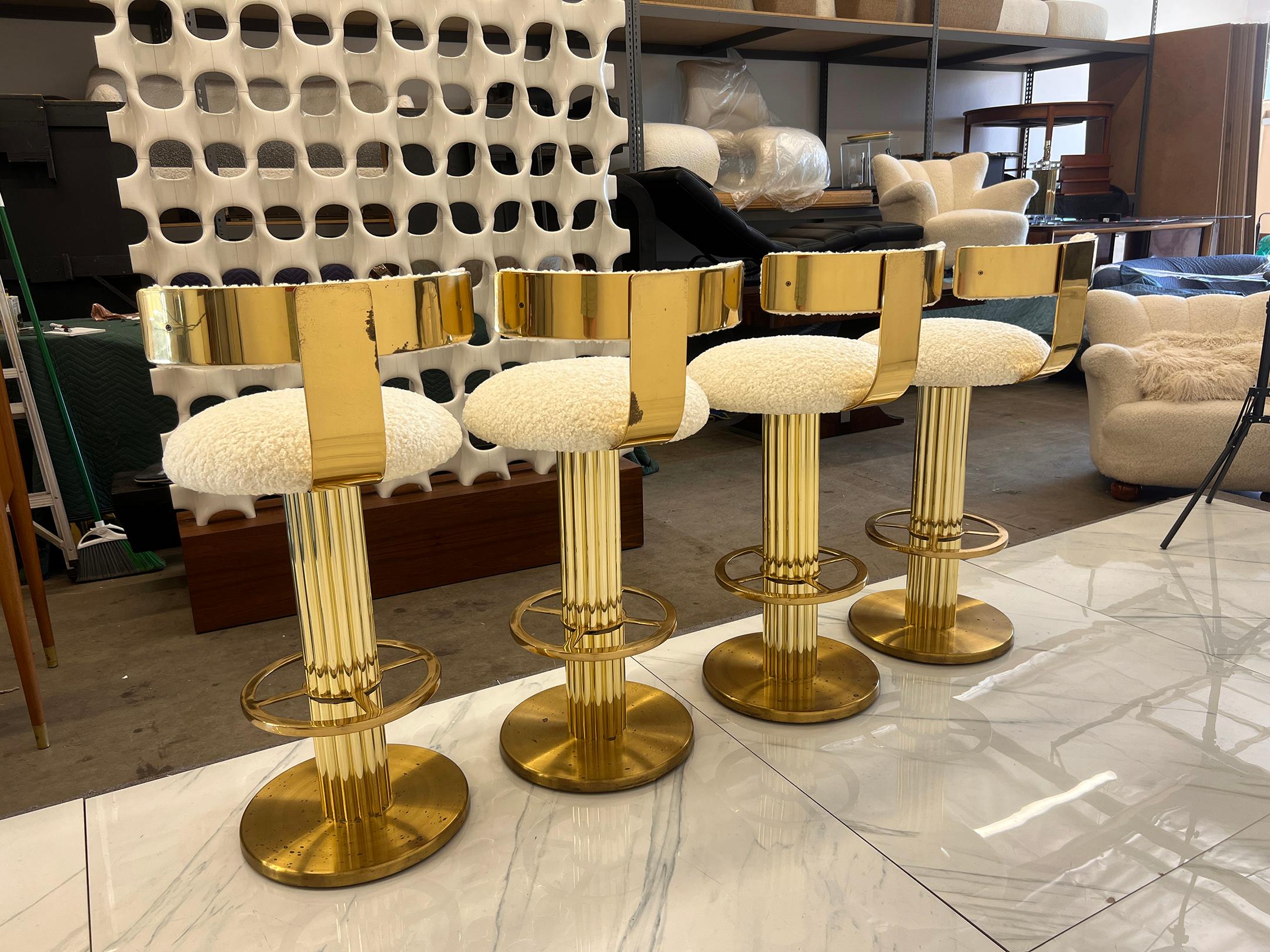 Designs For Leisure set of 4 Brass Barstools, Ivory Boucle, Signed, 1987 For Sale 1