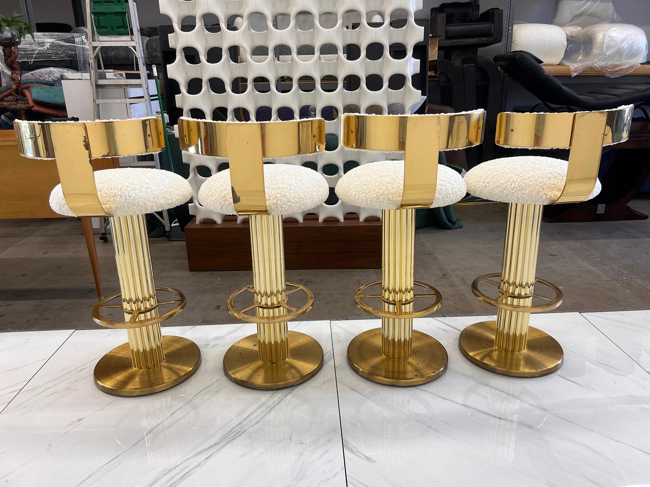 Designs For Leisure set of 4 Brass Barstools, Ivory Boucle, Signed, 1987 For Sale 2