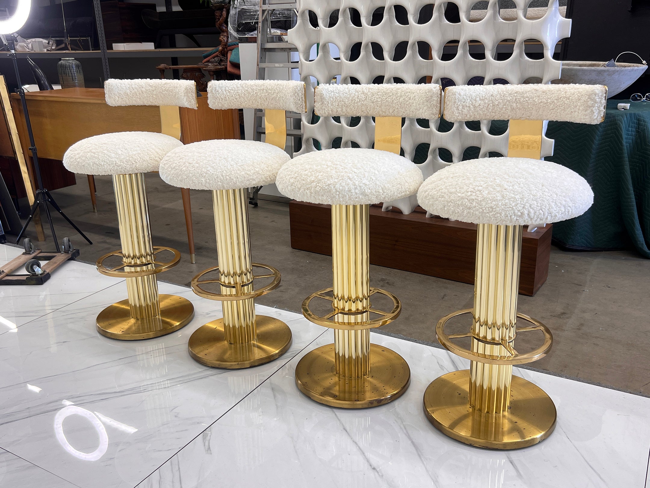 Designs For Leisure set of 4 Brass Barstools, Ivory Boucle, Signed, 1987
