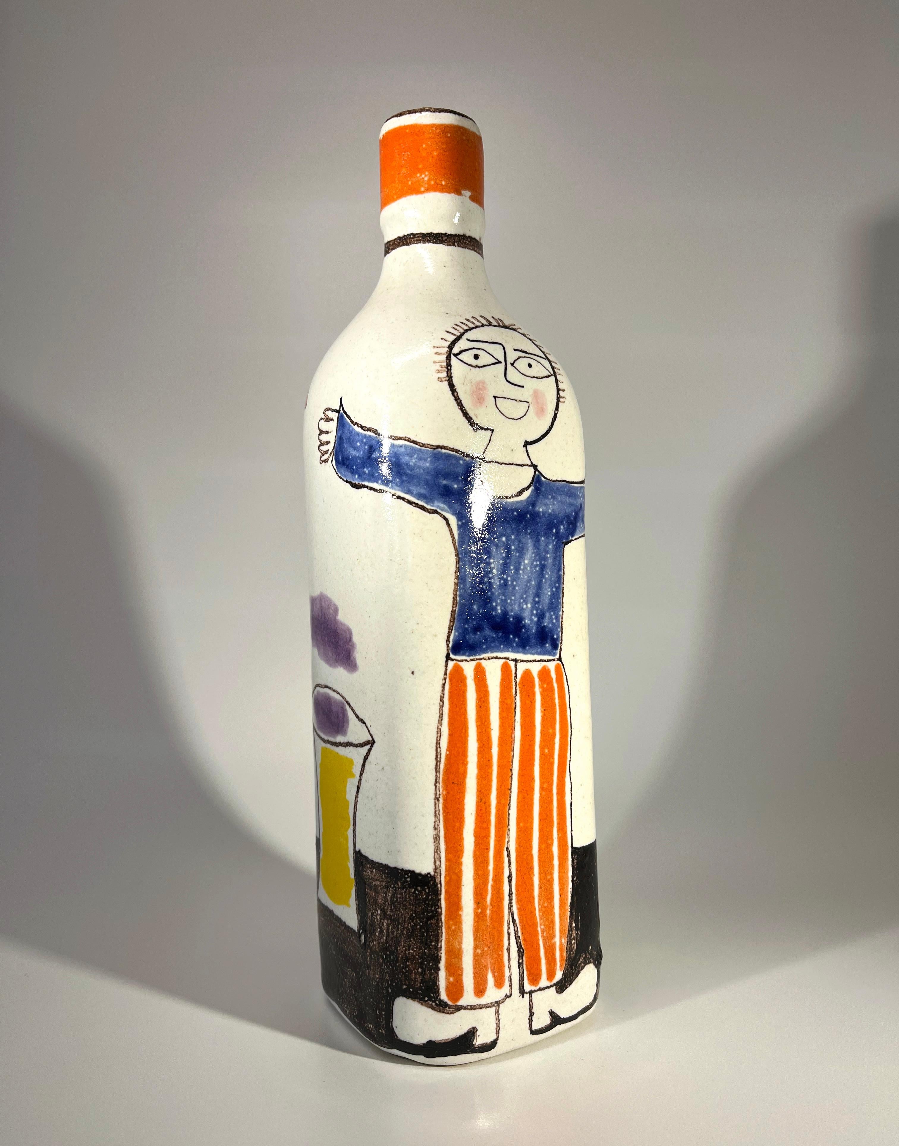 Endearing 'boy with arms outstretched' tall hand painted Italian ceramic bottle vase 
Square shaped 10 inch tall vase by DeSimone, Italy
Signed DeSimone Italy on the base
Circa 1960
Height 10 inch, Width 2.75 inch, Depth 2.75
In very good
