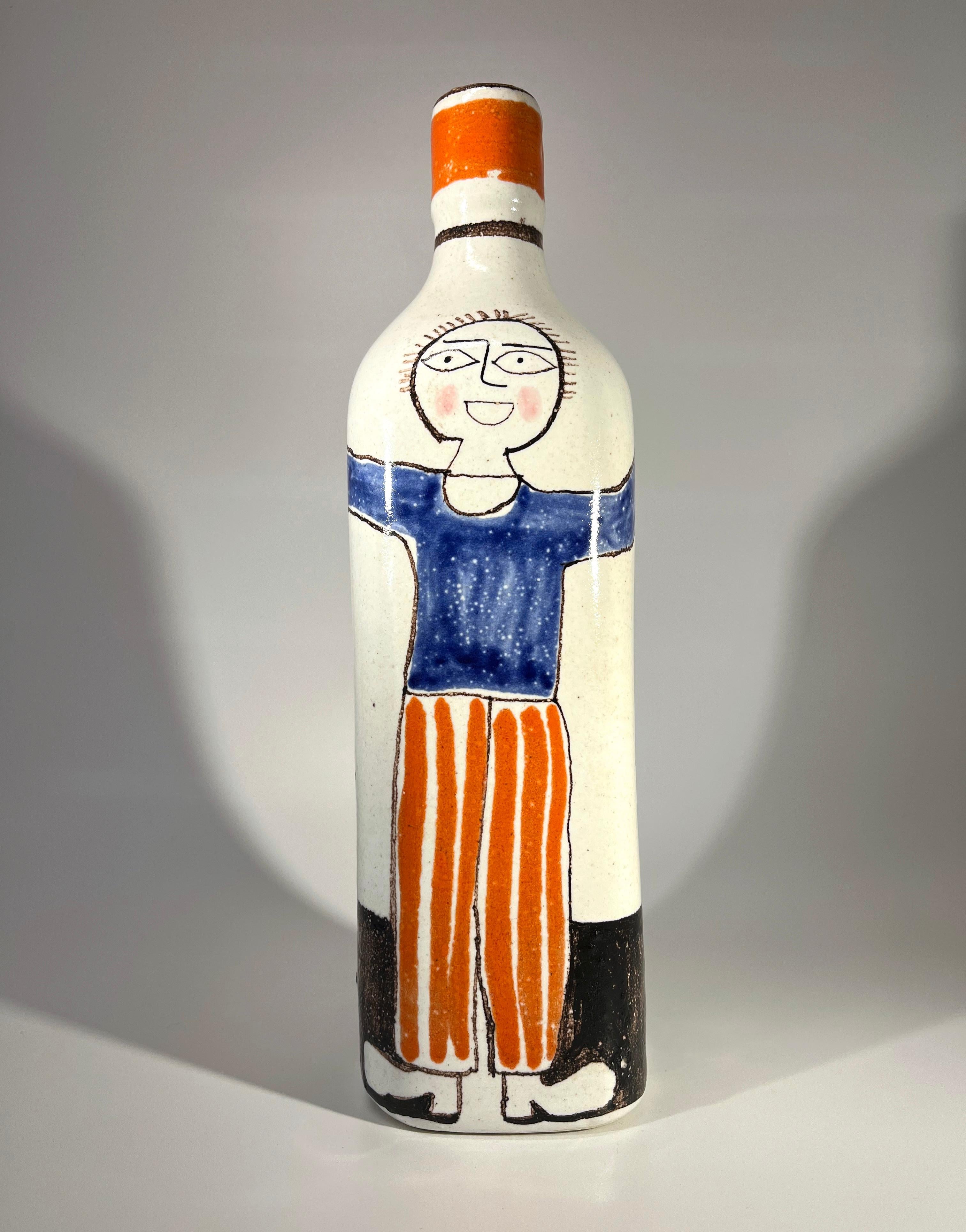 Mid-Century Modern DeSimone 'Arms Outstretched' Hand Painted Italian Ceramic Bottle Vase c1960's For Sale
