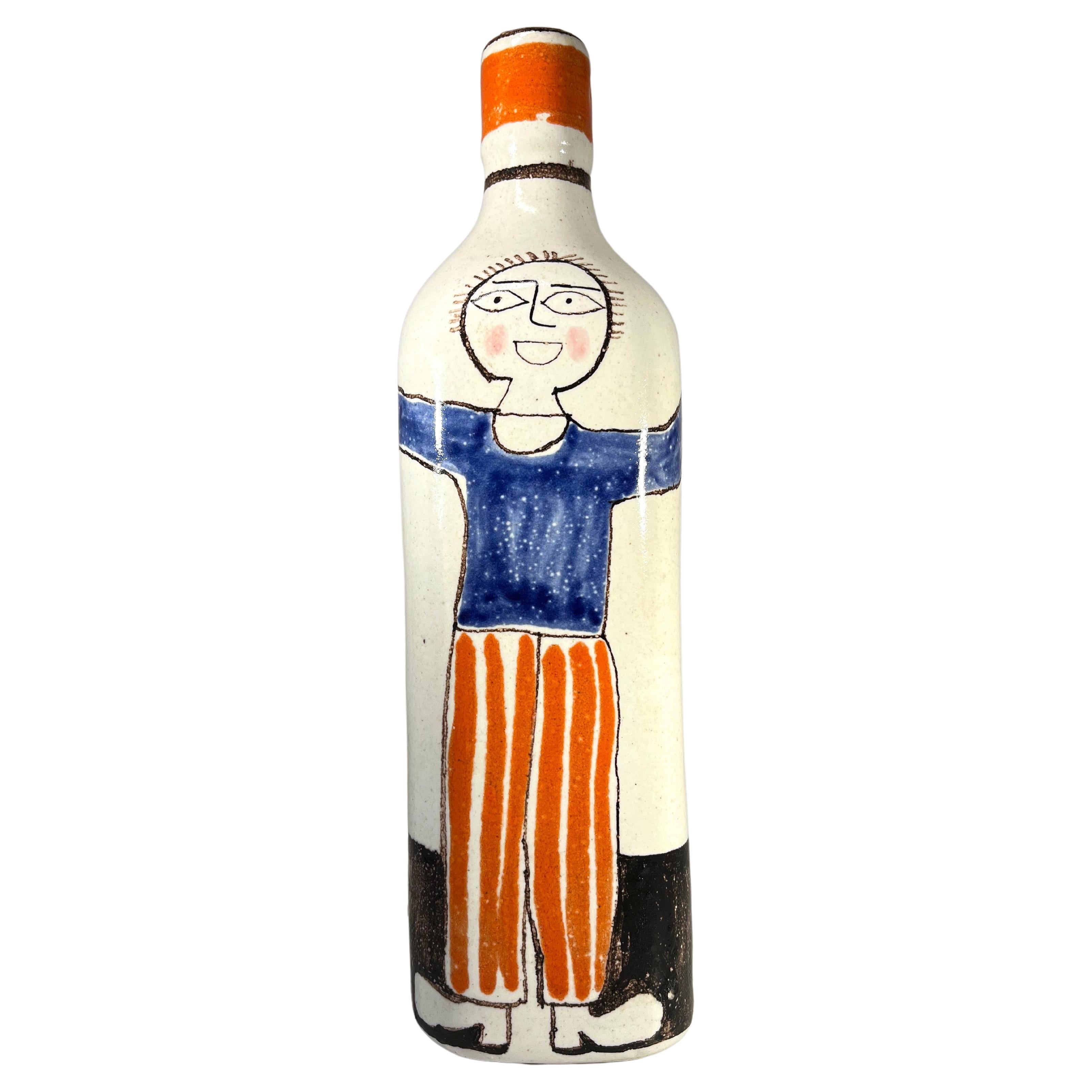 DeSimone 'Arms Outstretched' Hand Painted Italian Ceramic Bottle Vase c1960's For Sale