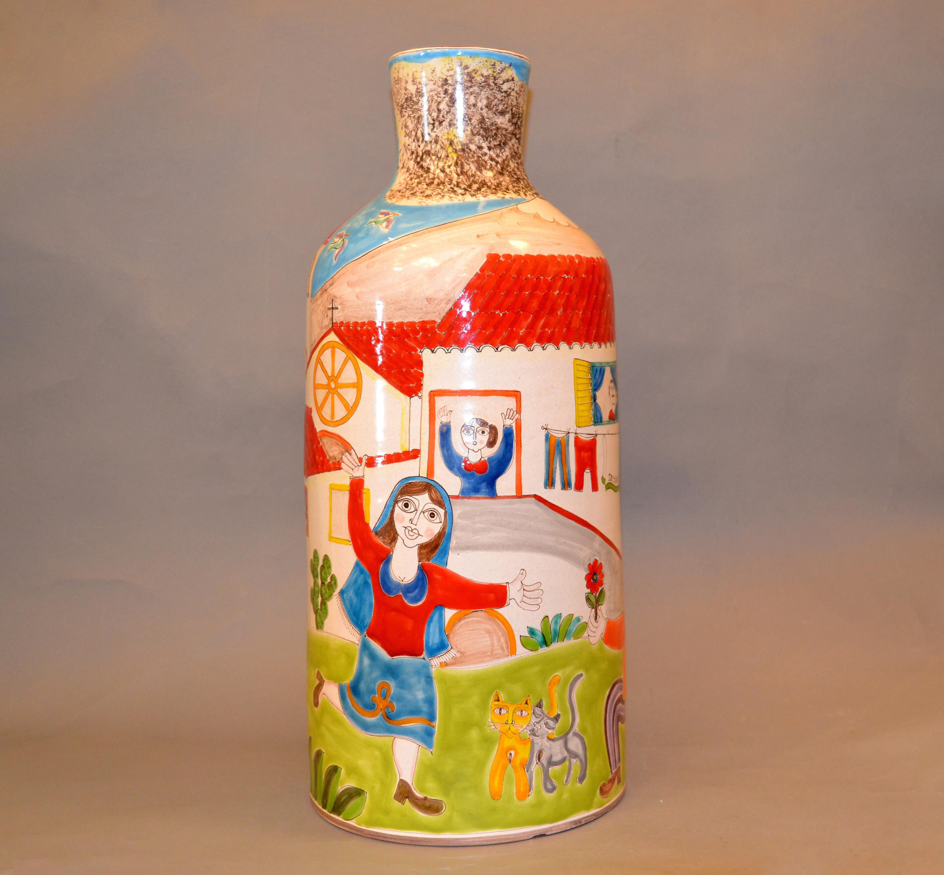 Original Italian Giovanni Desimone hand painted tall art pottery flower vase, vessel.
The glazed vase painting depicts a proposal scene of a man to his maid in front of the church surrounded by musicians. 
Marked and numbered on underside,