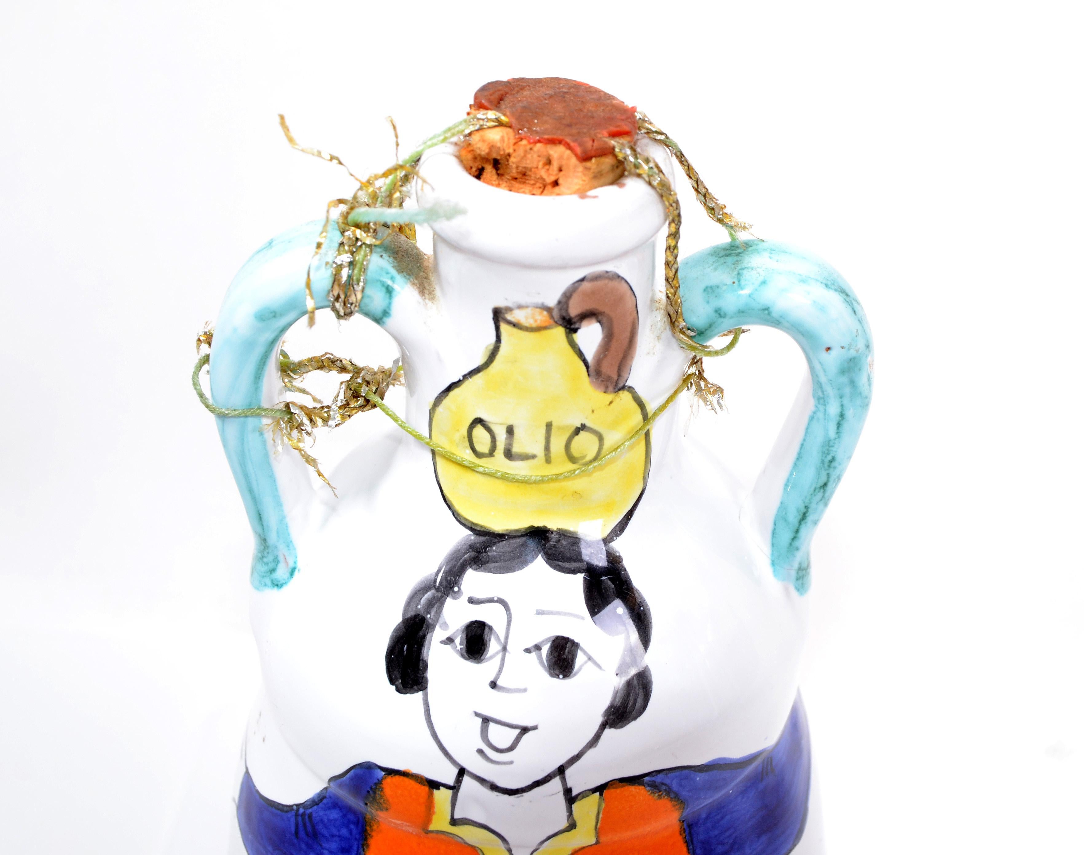 Mid-20th Century Desimone Hand Painted Art Pottery Olive Oil Vessel, Decanter, Jar Signed, Italy