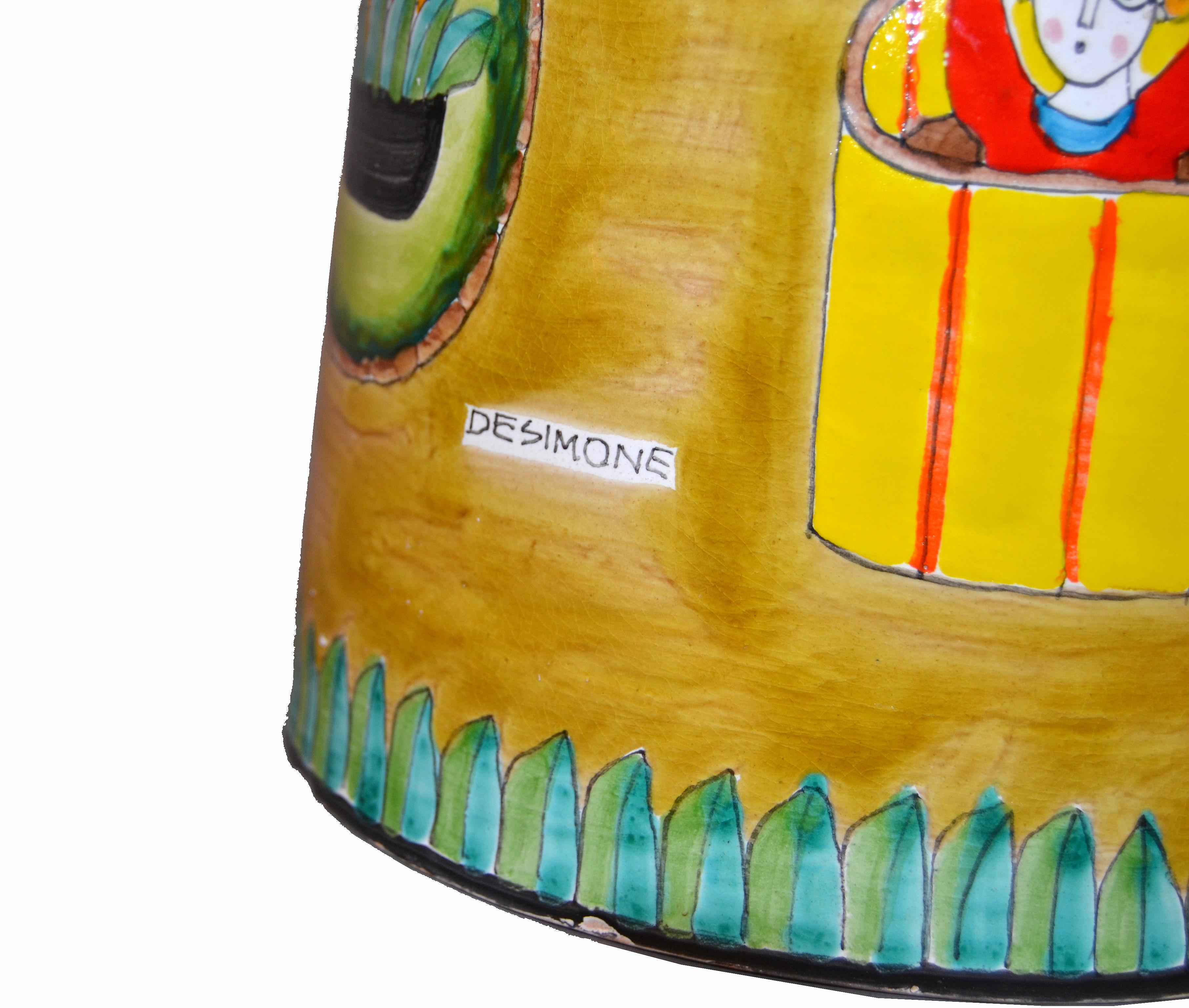 Vase en poterie d'art peint à la main, récipient avec poignées chevaux de cirque, de DeSimone, Italie en vente 2