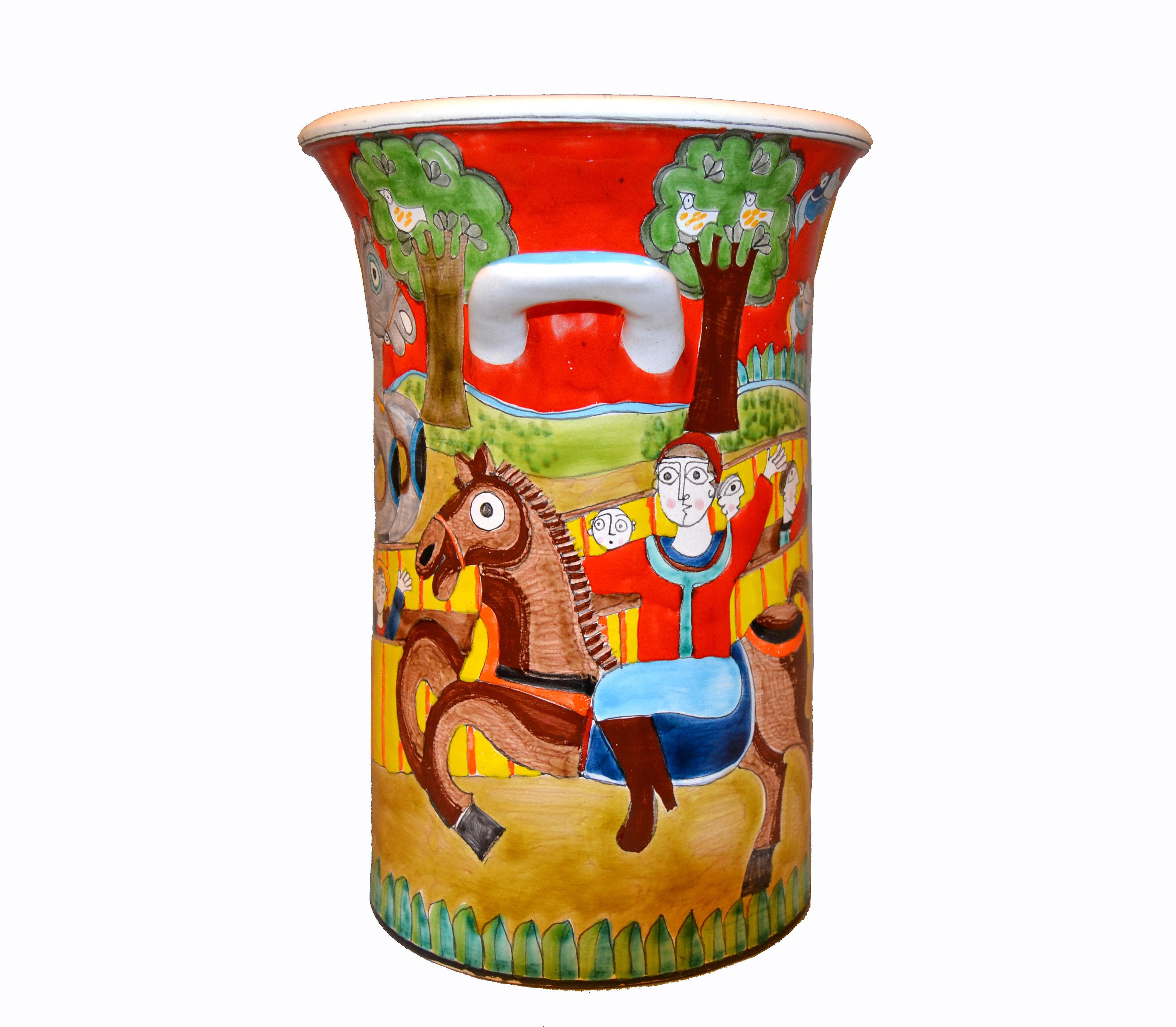 Desimone Hand Painted Art Pottery Vase, Vessel with Handles Circus Horses Italy 2