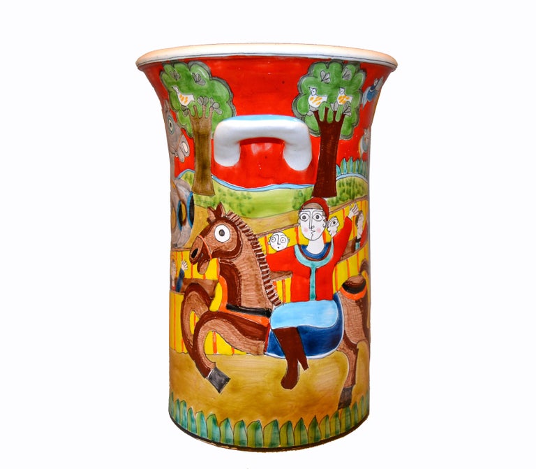 Desimone Hand Painted Art Pottery Vase, Vessel with Handles Circus Horses Italy For Sale 5
