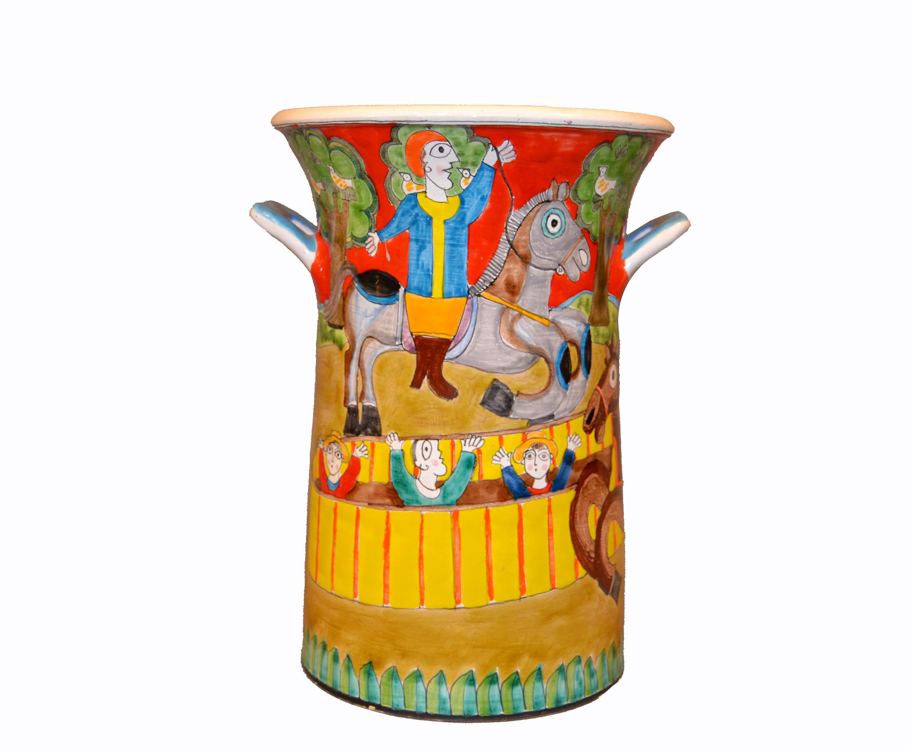 Vase en poterie d'art peint à la main, récipient avec poignées chevaux de cirque, de DeSimone, Italie en vente 4