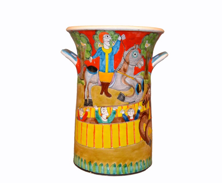 Mid-Century Modern Desimone Hand Painted Art Pottery Vase, Vessel with Handles Circus Horses Italy For Sale