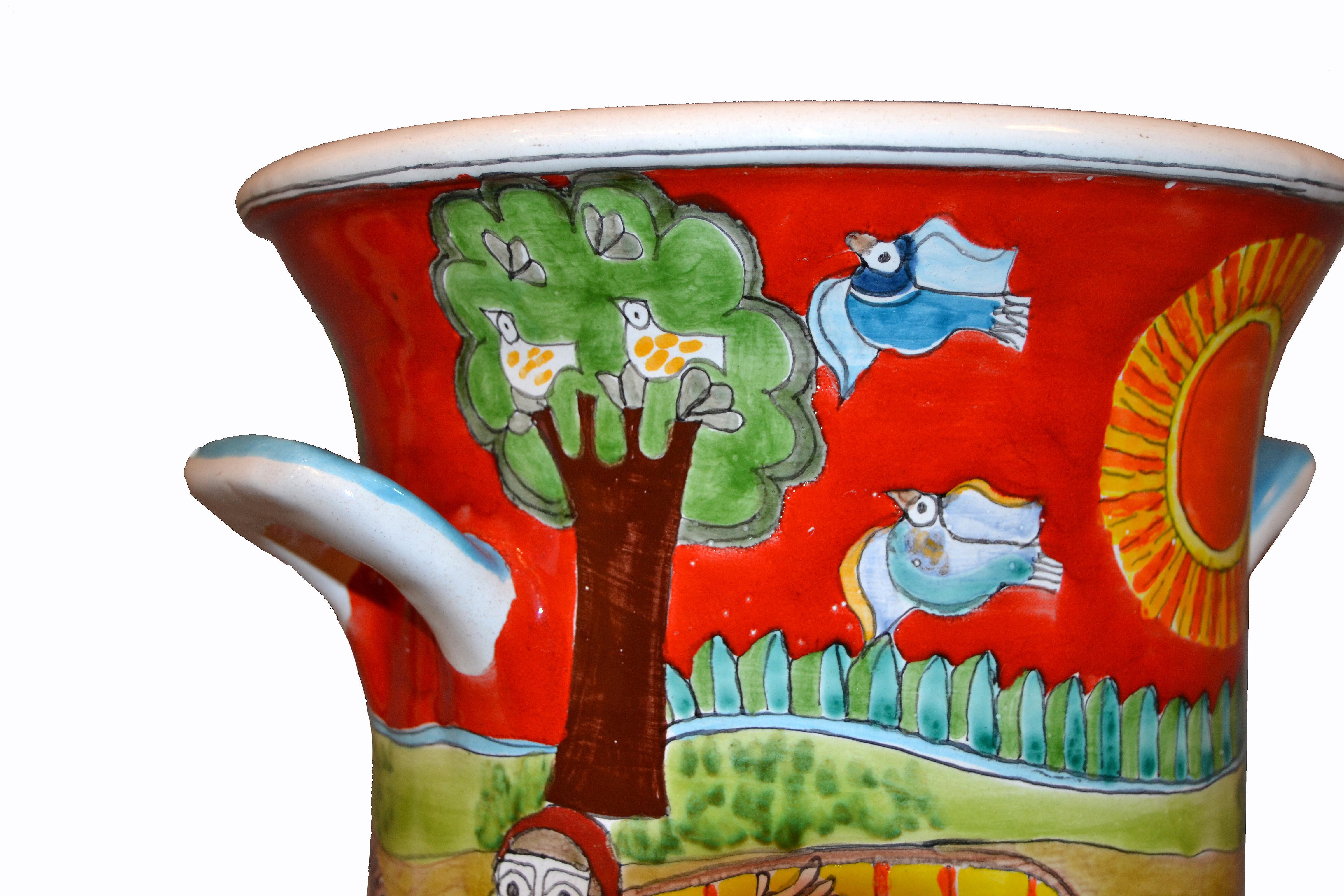 italien Vase en poterie d'art peint à la main, récipient avec poignées chevaux de cirque, de DeSimone, Italie en vente