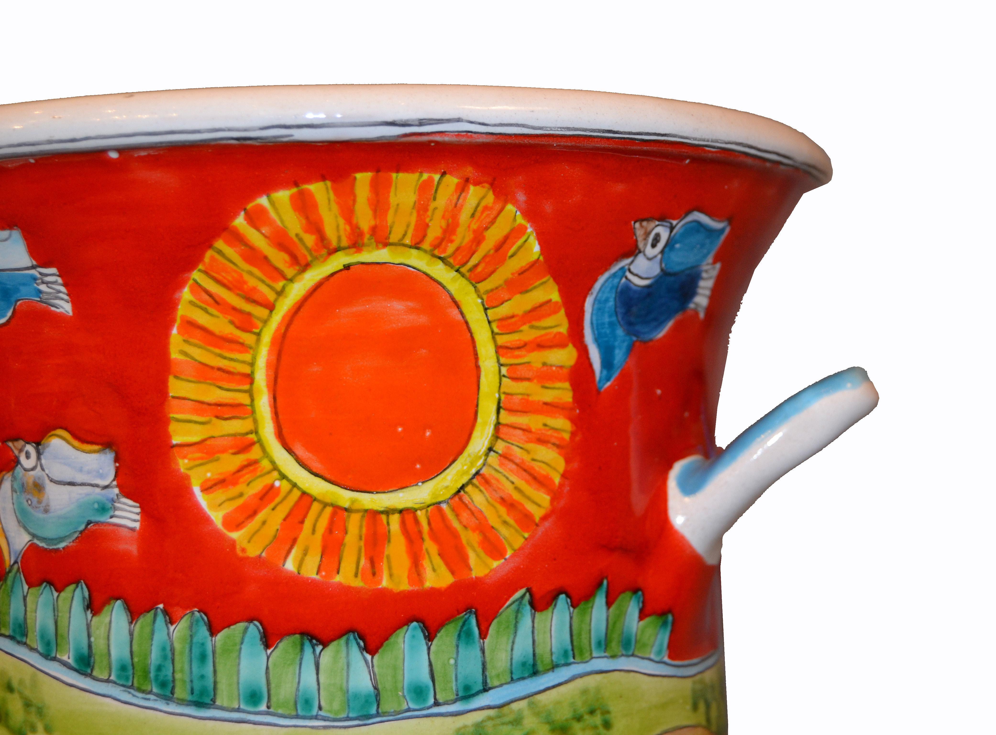 Vernissé Vase en poterie d'art peint à la main, récipient avec poignées chevaux de cirque, de DeSimone, Italie en vente