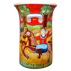 Used Desimone Hand Painted Art Pottery Vase, Vessel with Handles Circus Horses Italy