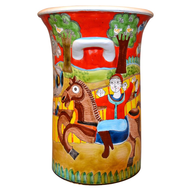 Desimone Hand Painted Art Pottery Vase, Vessel with Handles Circus Horses Italy For Sale