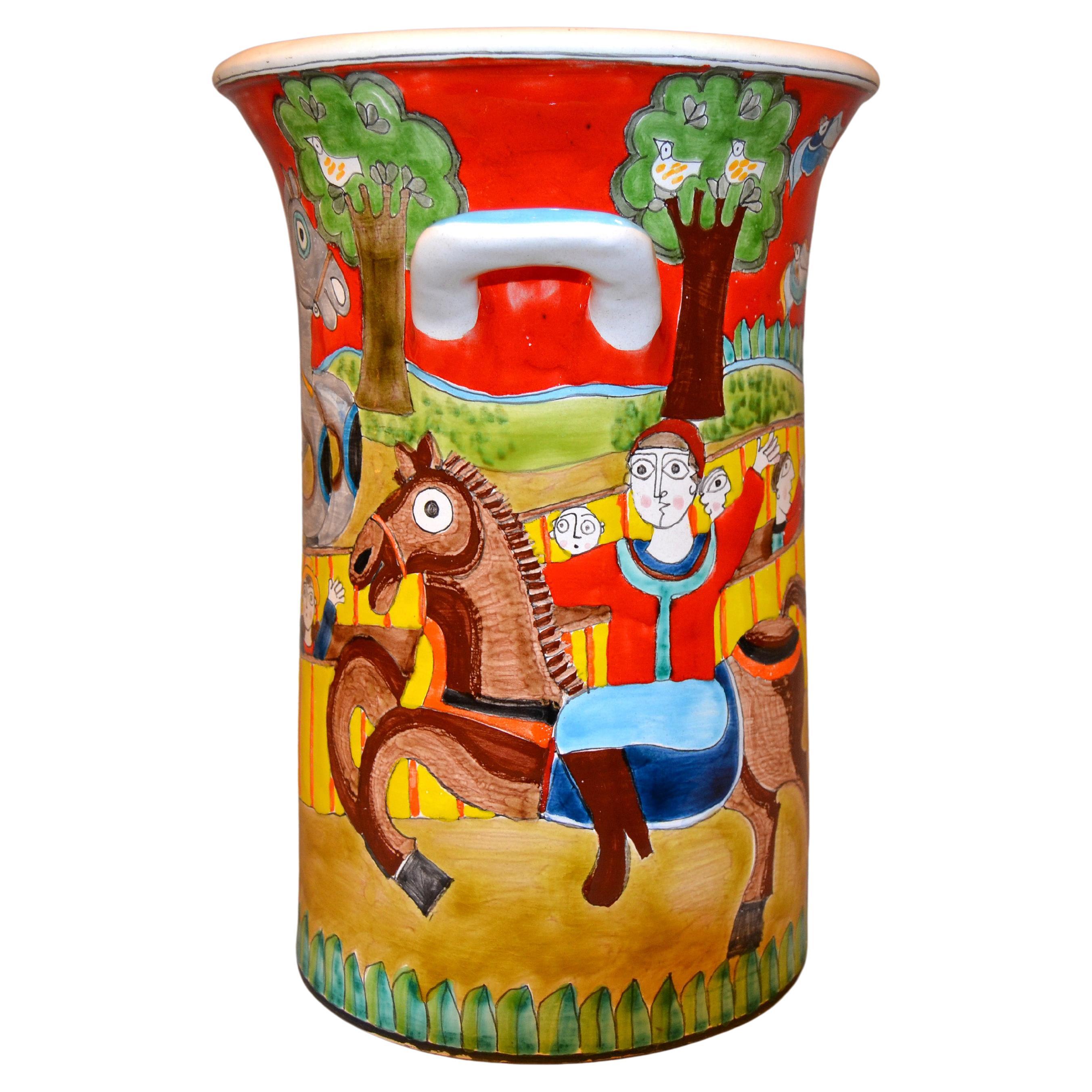 Vase en poterie d'art peint à la main, récipient avec poignées chevaux de cirque, de DeSimone, Italie en vente