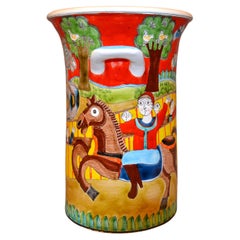 Vase en poterie d'art peint à la main, récipient avec poignées chevaux de cirque, de DeSimone, Italie