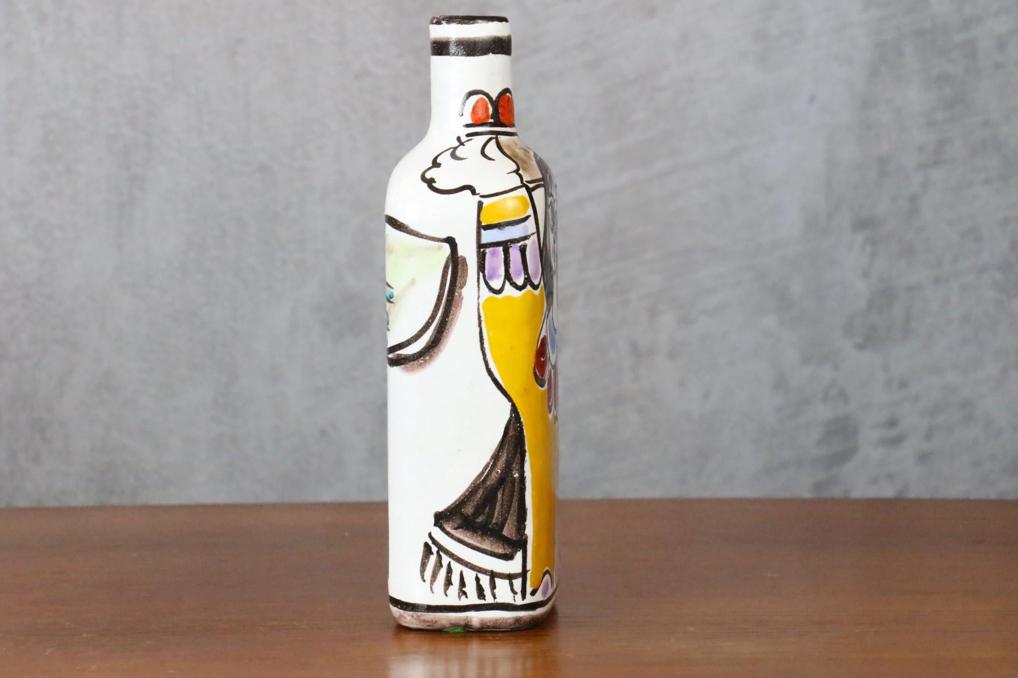 Enameled Desimone Hand Painted Ceramic Bottle, Italian Pottery circa 1960 Era Aldo Londi