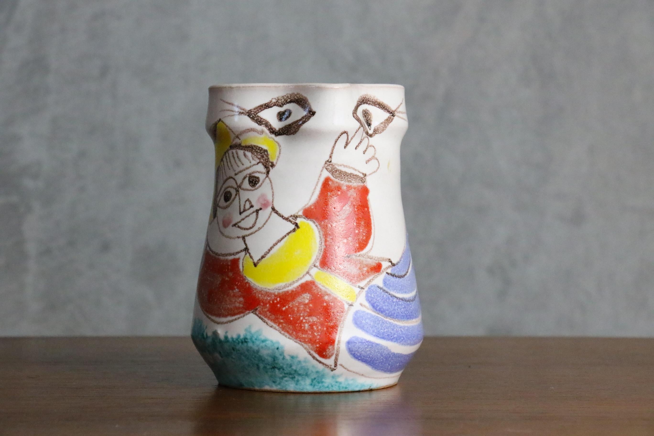 Mid-Century Modern Desimone Hand Painted Ceramic Pitcher, Italian Pottery circa 1960 Era Aldo Londi For Sale