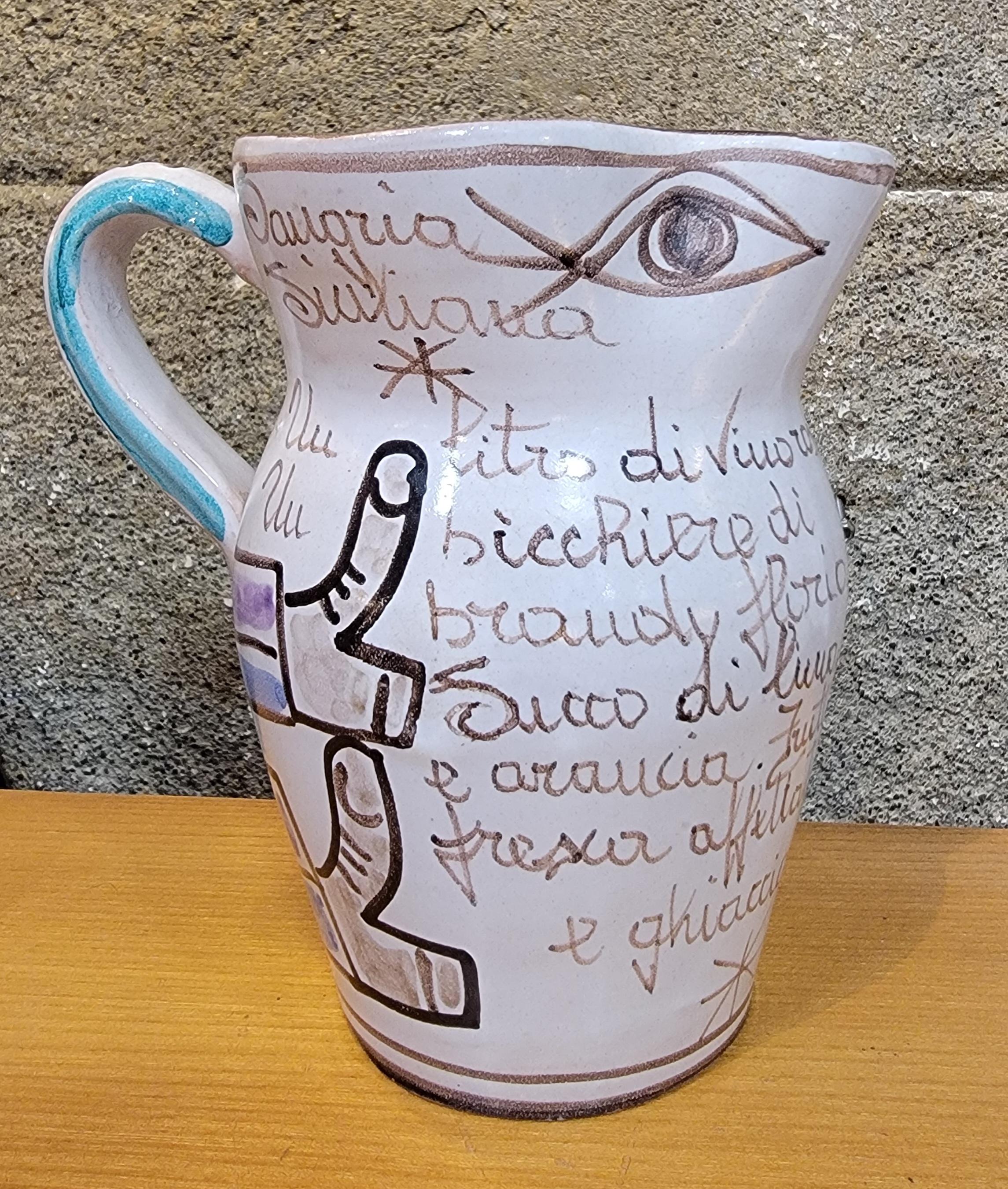 Jarra de agua de cerámica pintada a mano DeSimone Moderno de mediados de siglo en venta